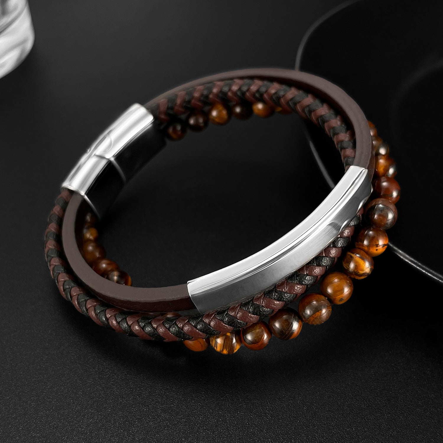 Street-style tiger's eye beaded bracelet – distinctive vintage multi-layer braided leather design