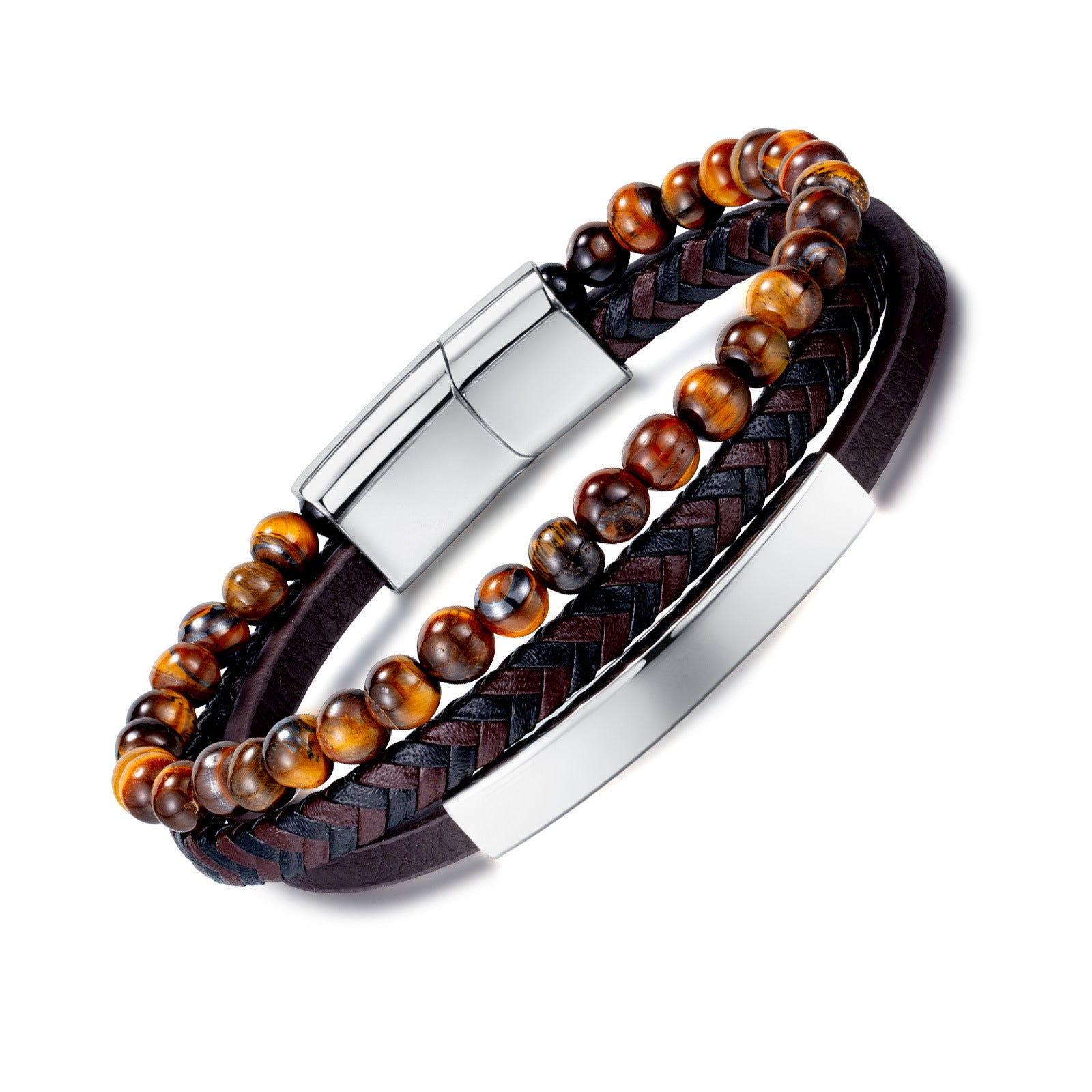 Street-style tiger's eye beaded bracelet – distinctive vintage multi-layer braided leather design