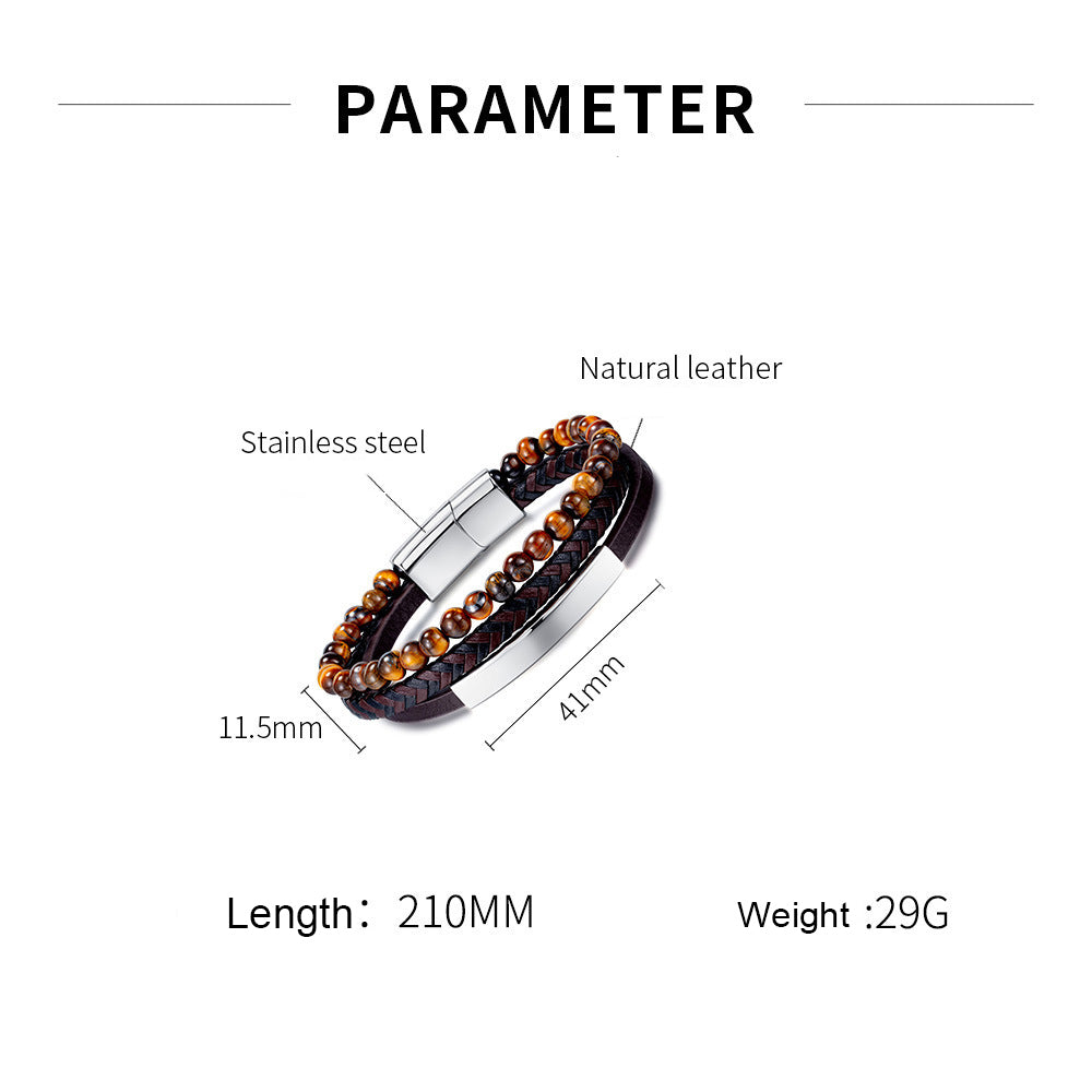 Street-style tiger's eye beaded bracelet – distinctive vintage multi-layer braided leather design