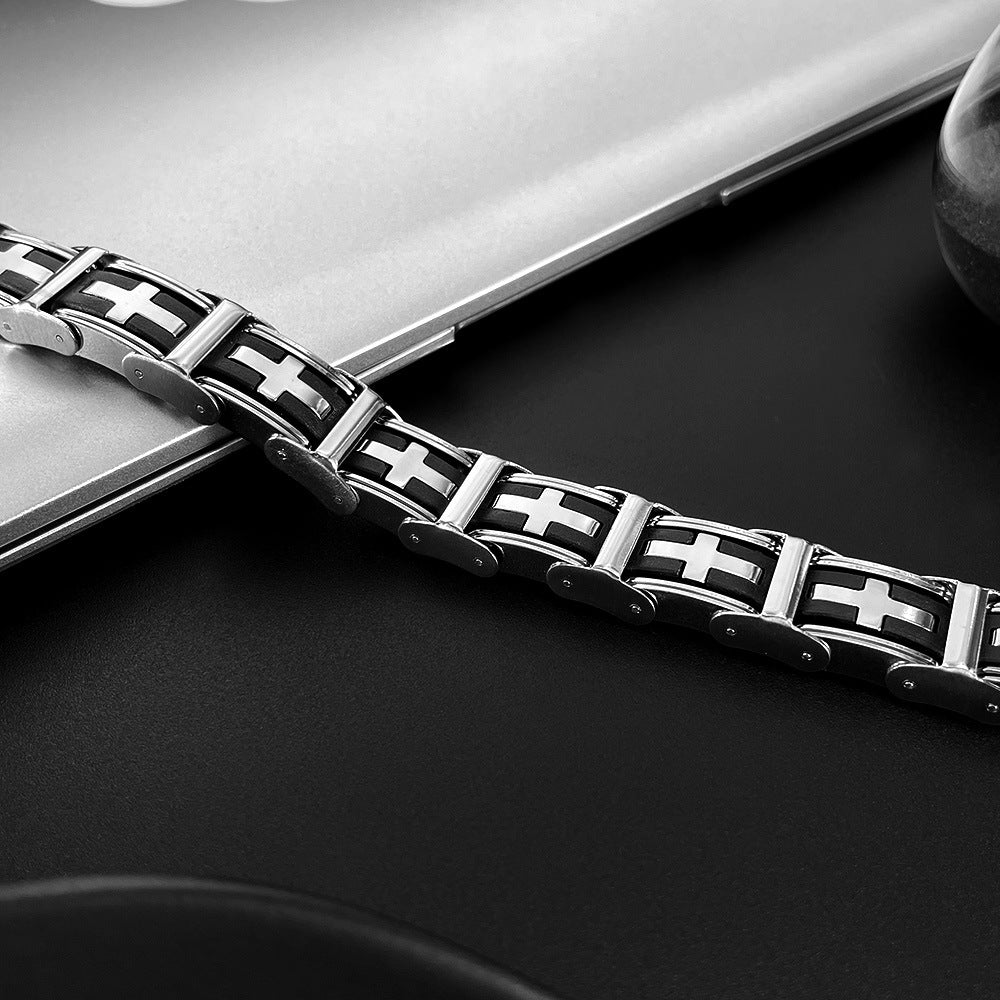 Classic Stainless Steel and Silicone Cross Bracelet