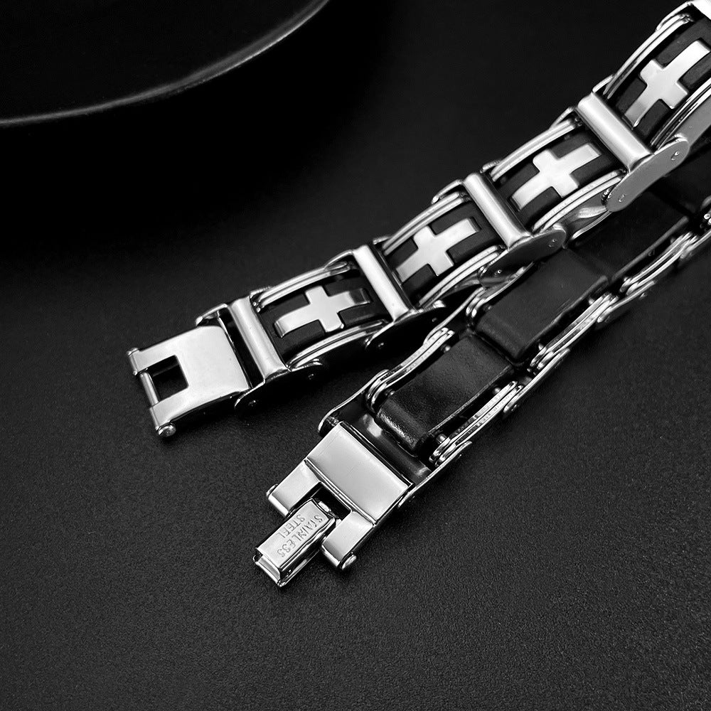 Classic Stainless Steel and Silicone Cross Bracelet