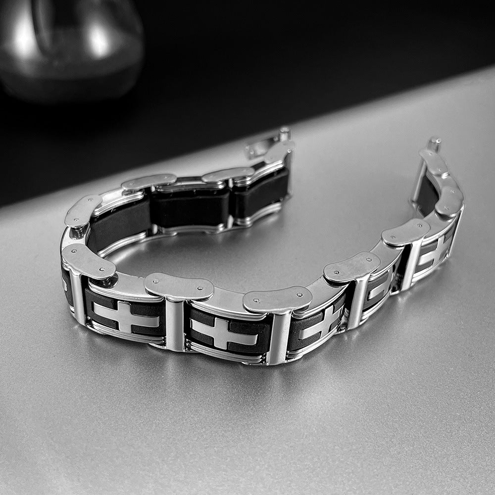 Classic Stainless Steel and Silicone Cross Bracelet