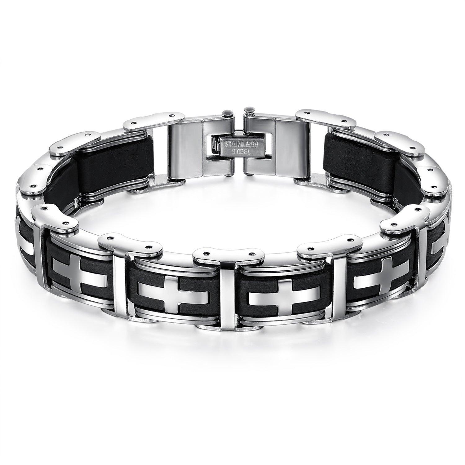 Classic Stainless Steel and Silicone Cross Bracelet