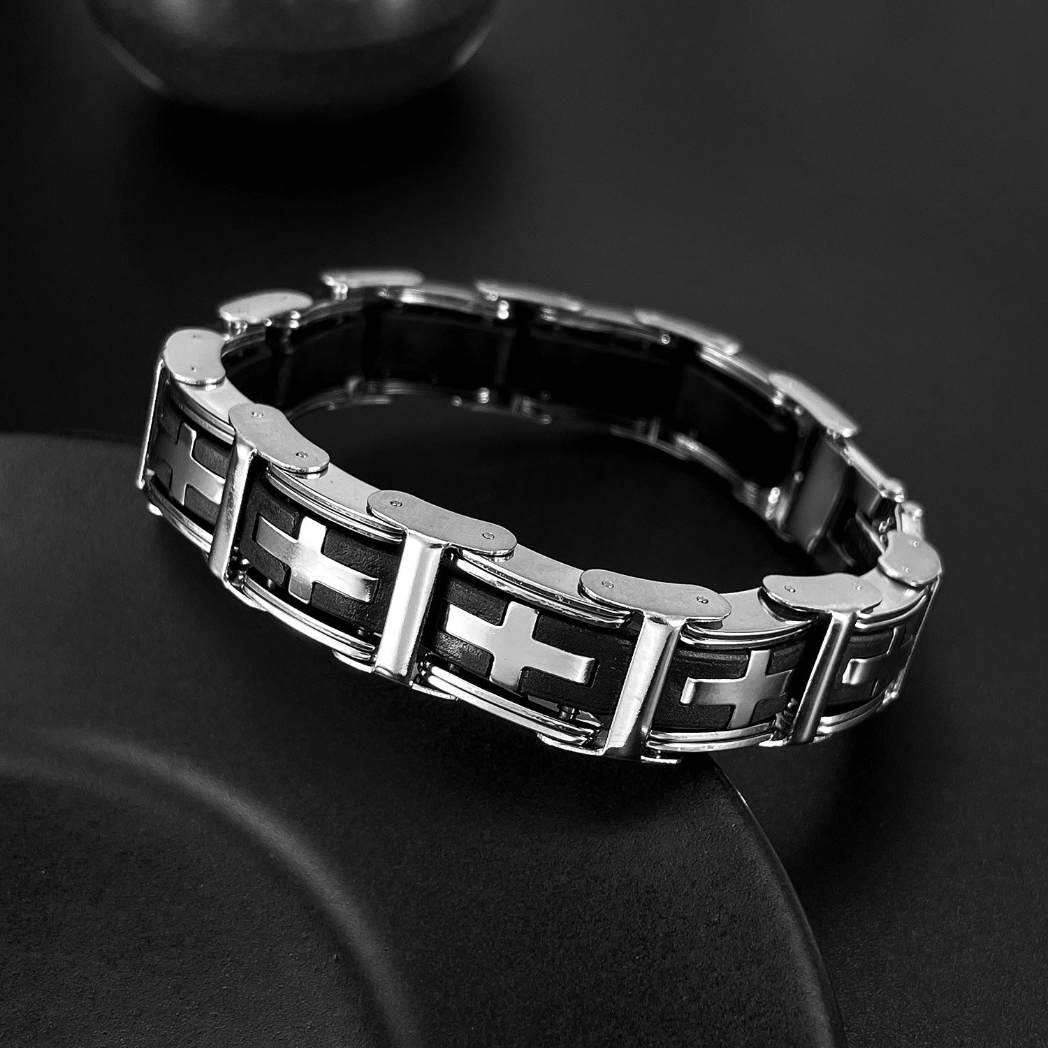 Classic Stainless Steel and Silicone Cross Bracelet