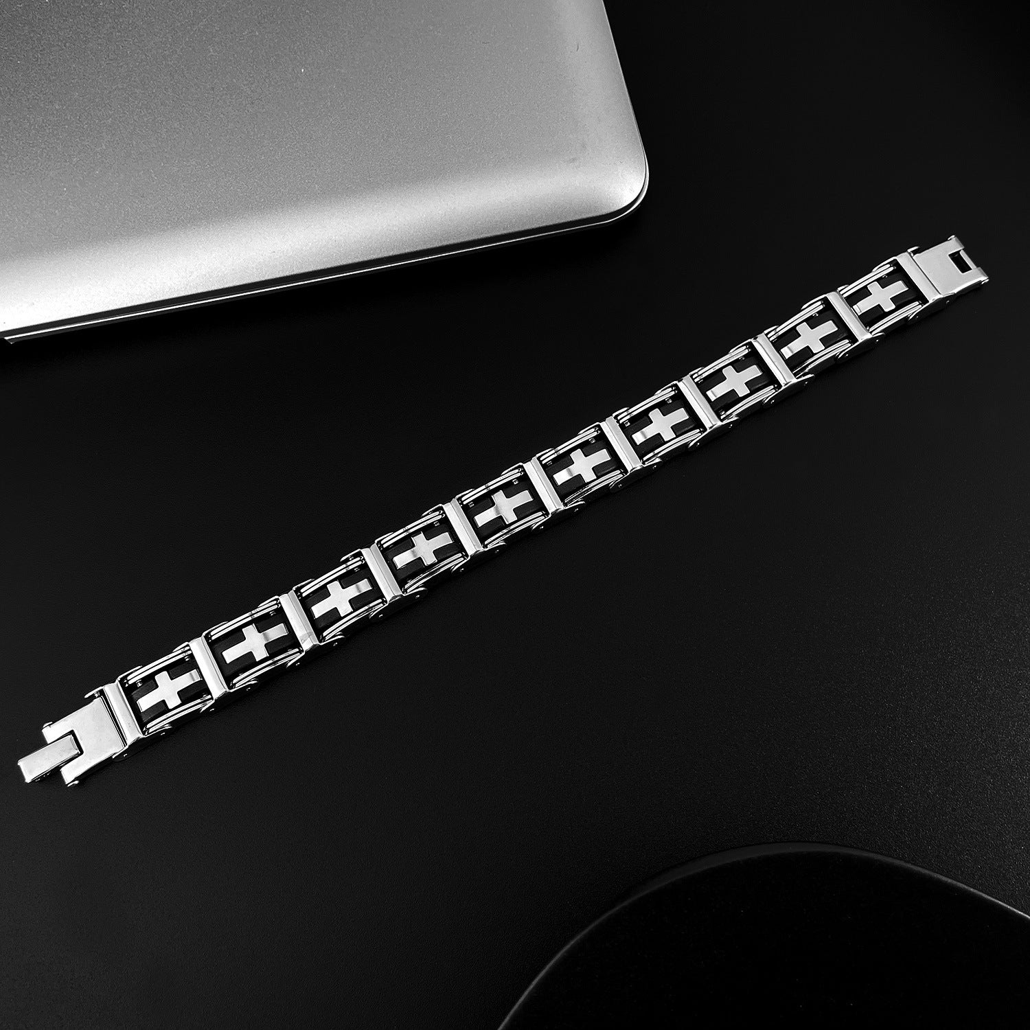 Classic Stainless Steel and Silicone Cross Bracelet