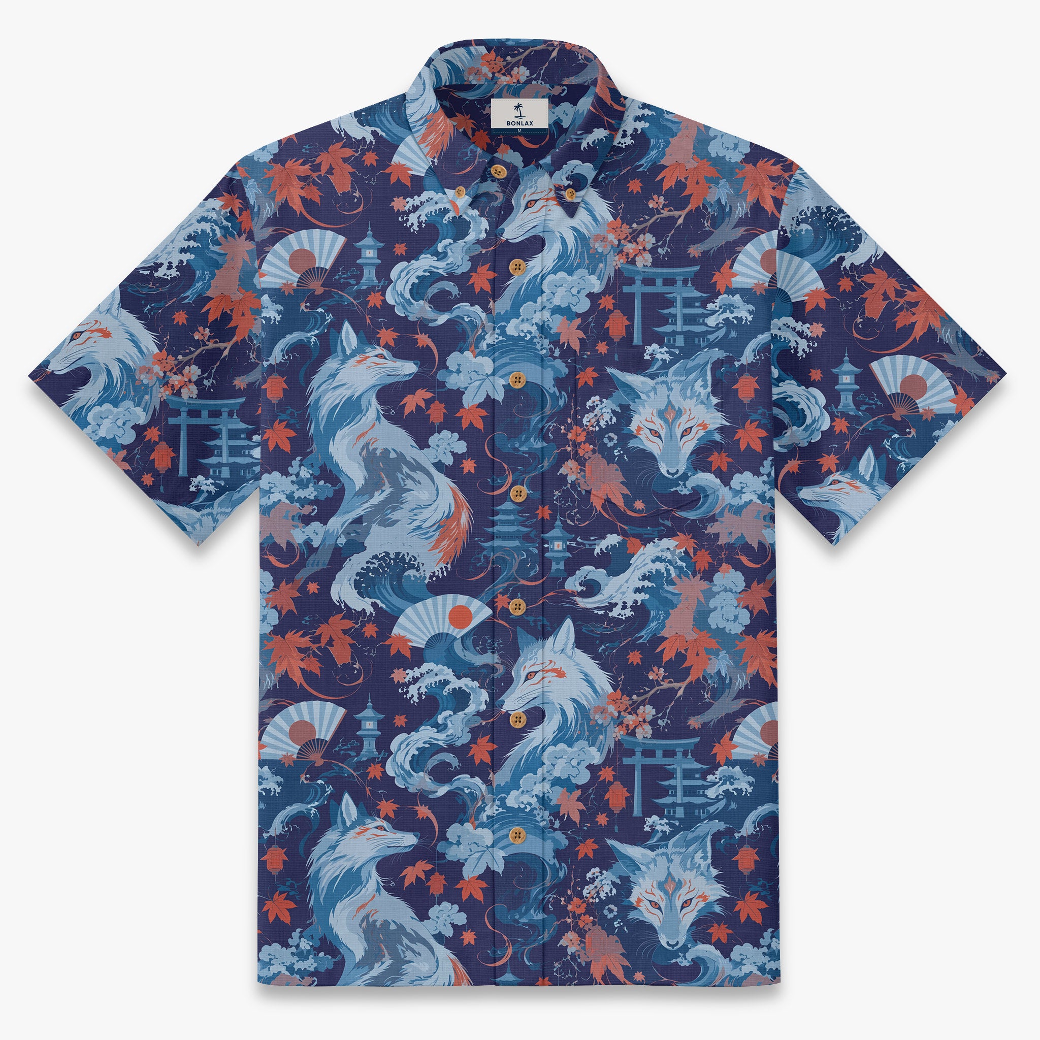 Kitsune Tide Navy Japanese Fox Short Sleeve Shirt | Bonlax