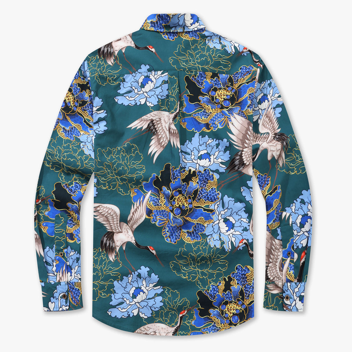 Crane Perched on Blue Peonies Long Sleeve Shirt