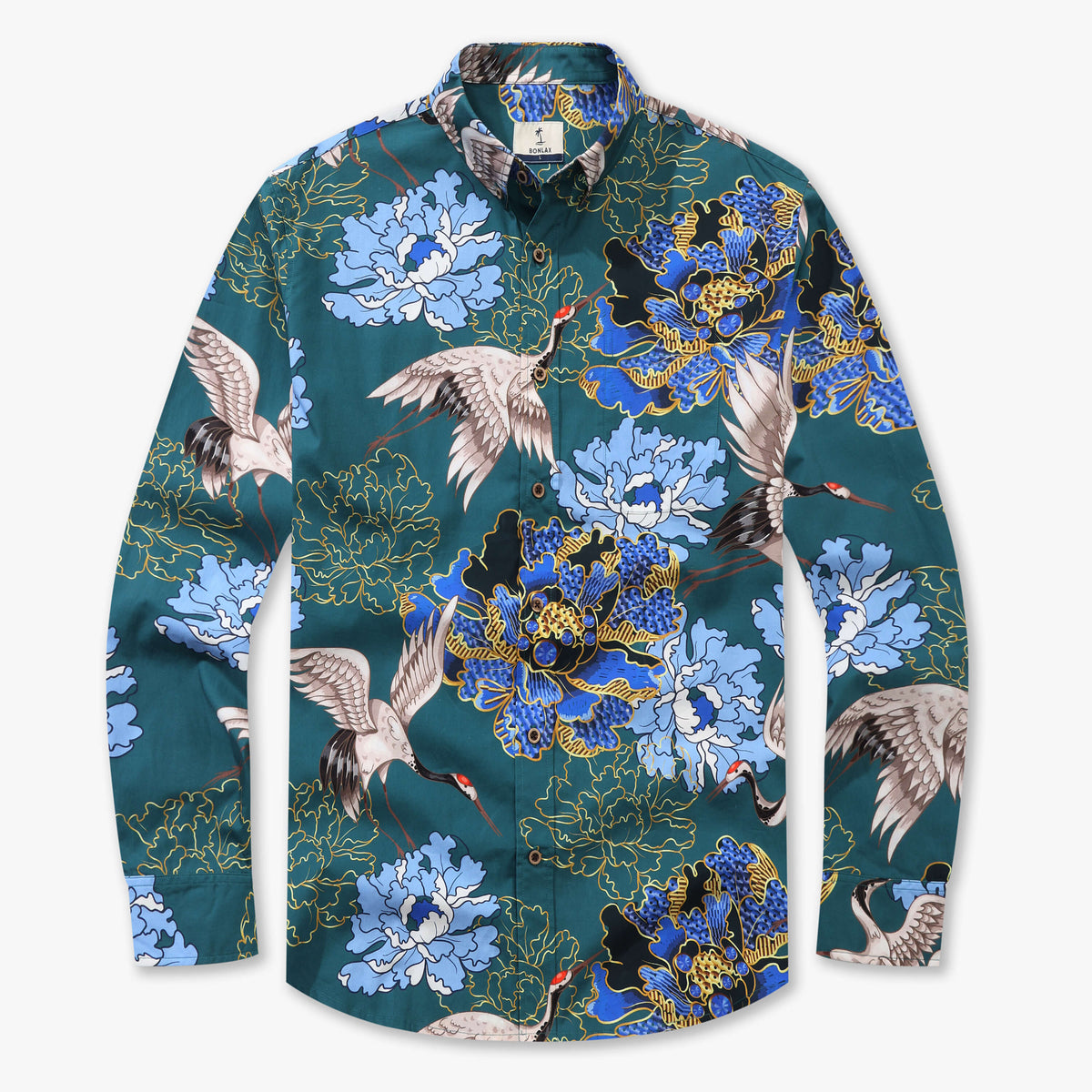 Crane Perched on Blue Peonies Long Sleeve Shirt