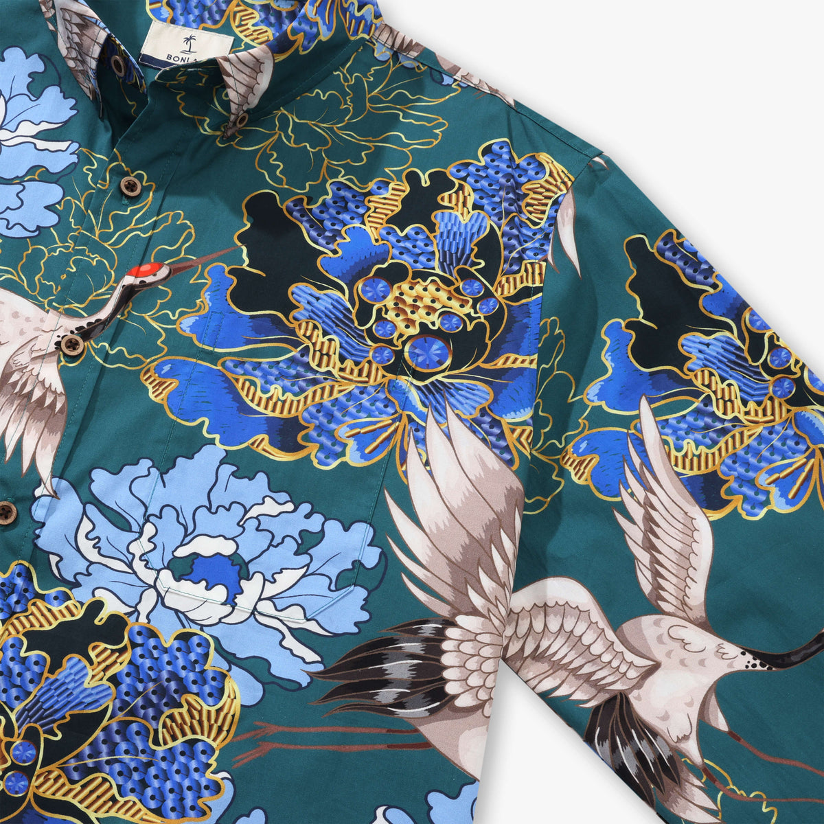 Crane Perched on Blue Peonies Long Sleeve Shirt