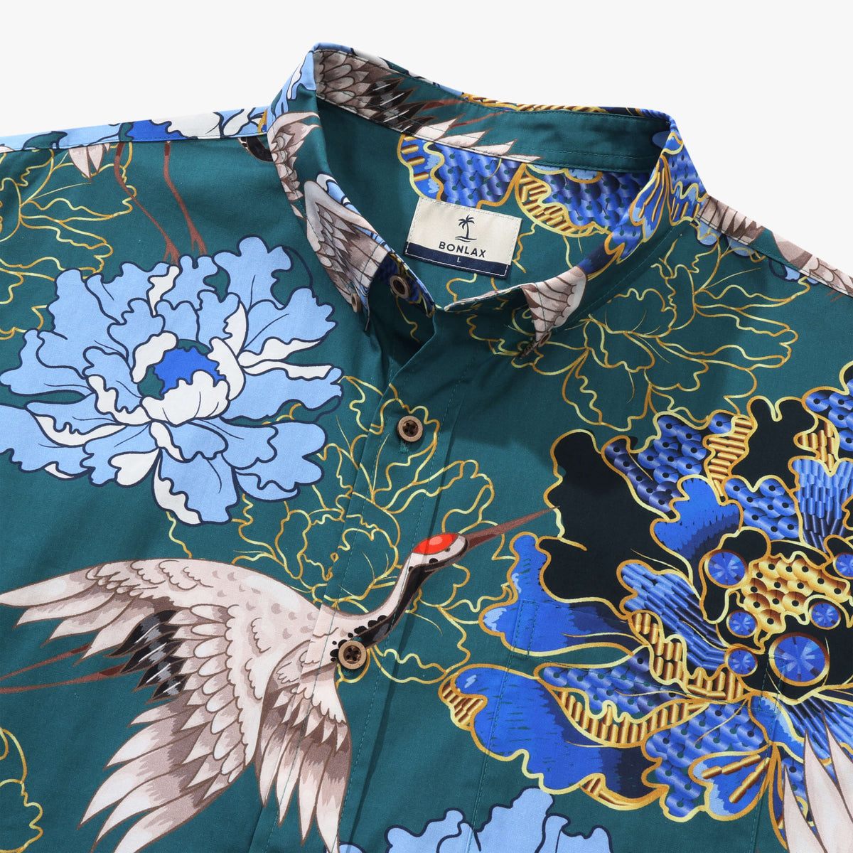 Crane Perched on Blue Peonies Long Sleeve Shirt