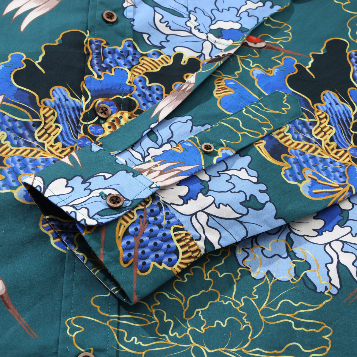 Crane Perched on Blue Peonies Long Sleeve Shirt