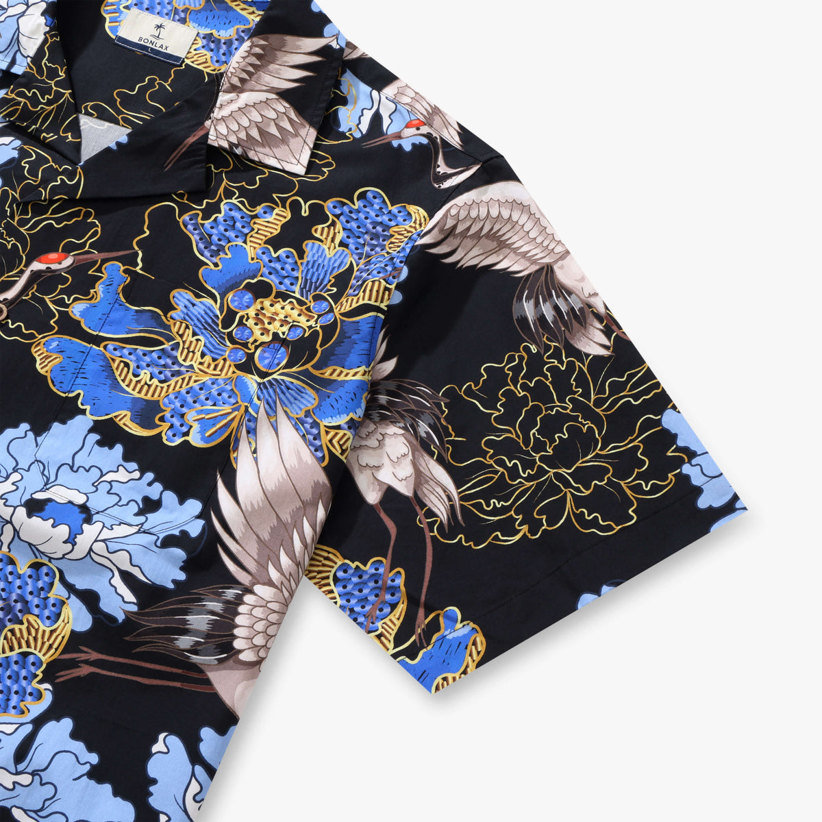 Crane Perched on Blue Peonies Camp Shirt
