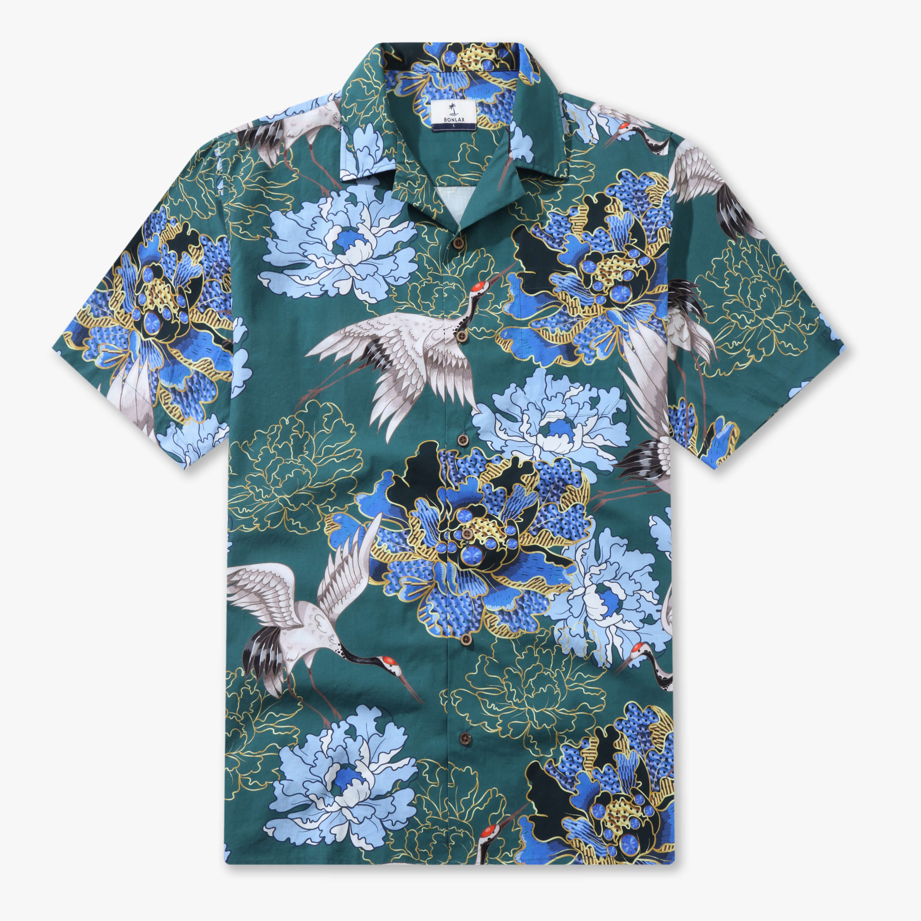 Crane Perched on Blue Peonies Camp Shirt