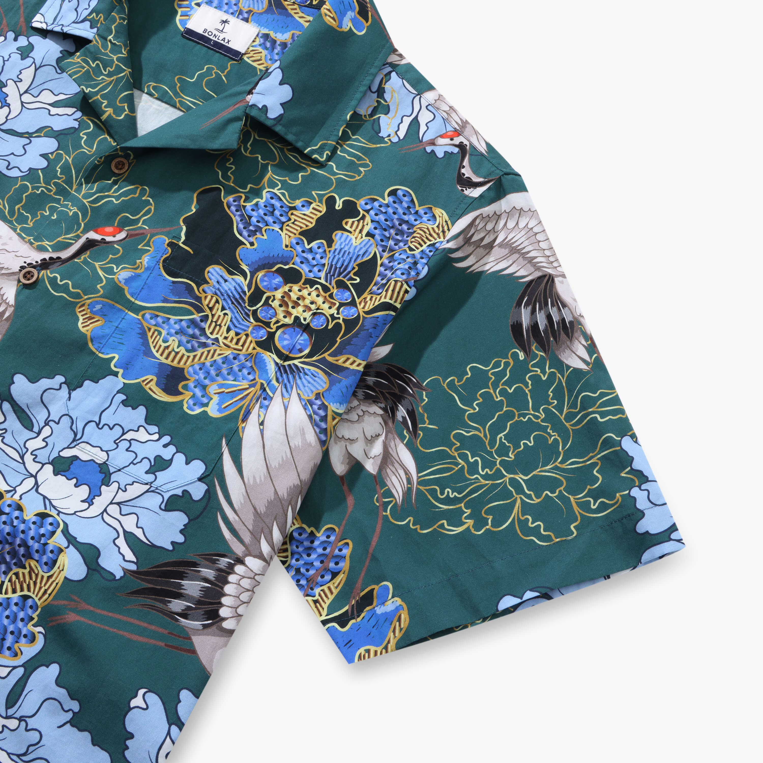 Crane Perched on Blue Peonies Camp Shirt