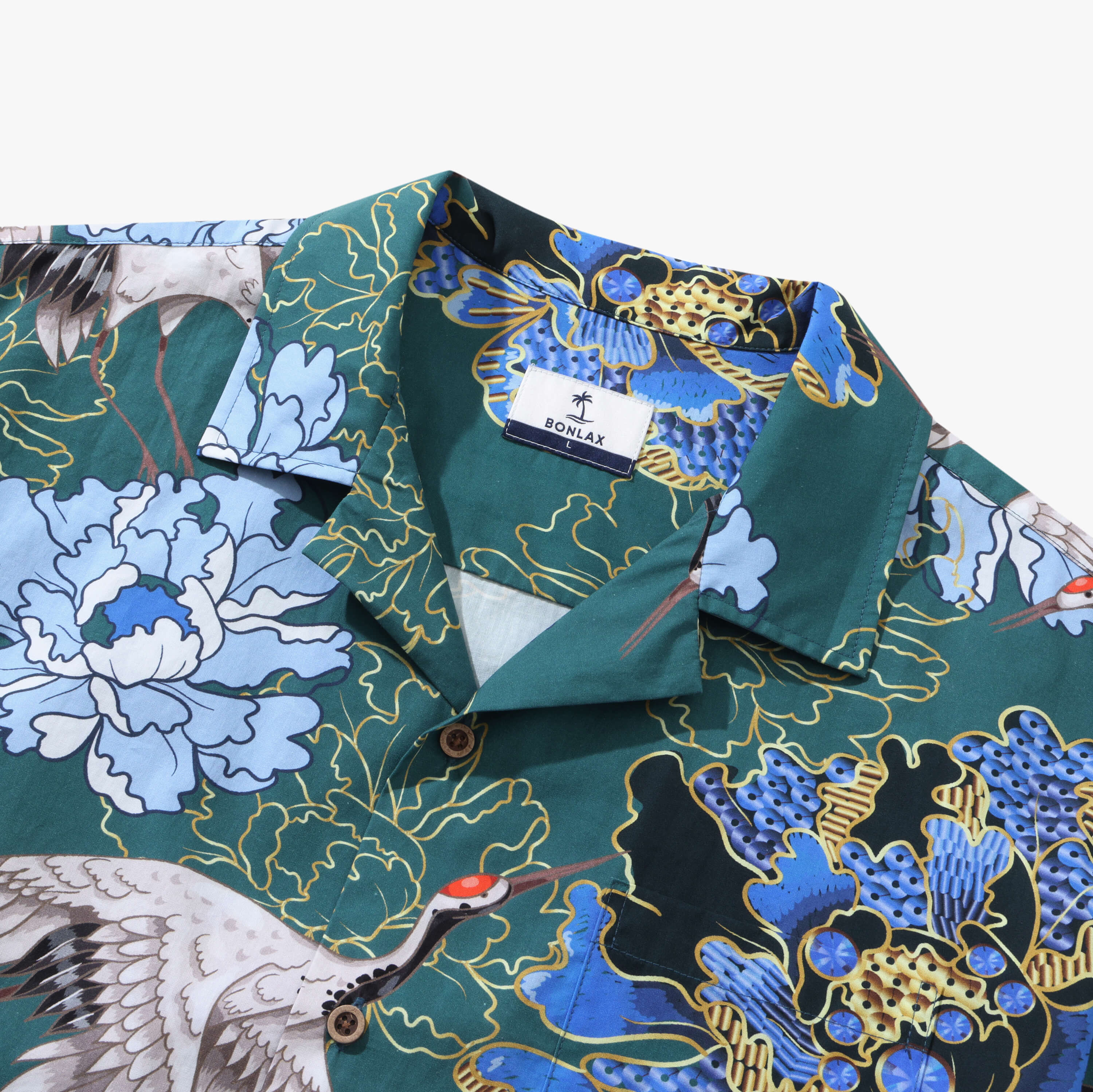Crane Perched on Blue Peonies Camp Shirt