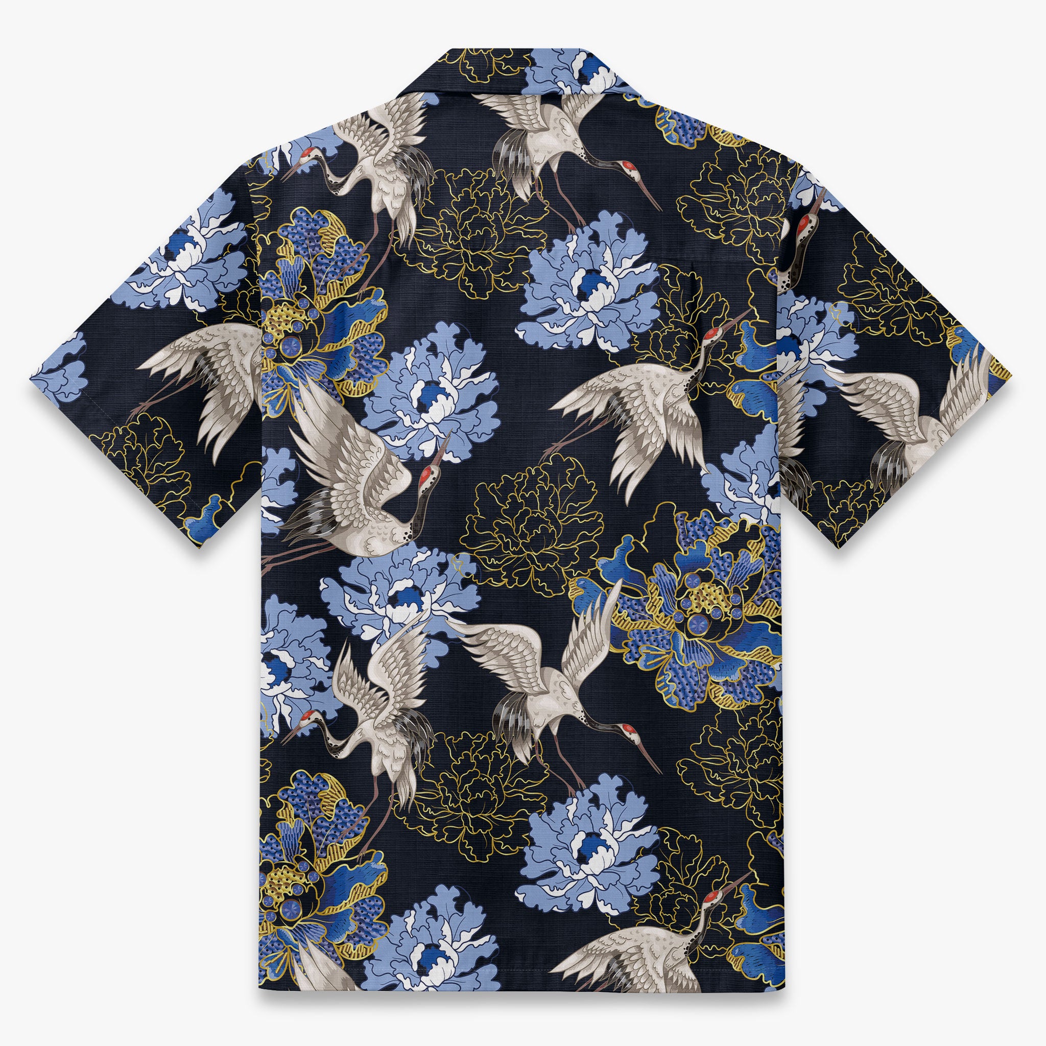 Crane Perched on Blue Peonies Camp Shirt