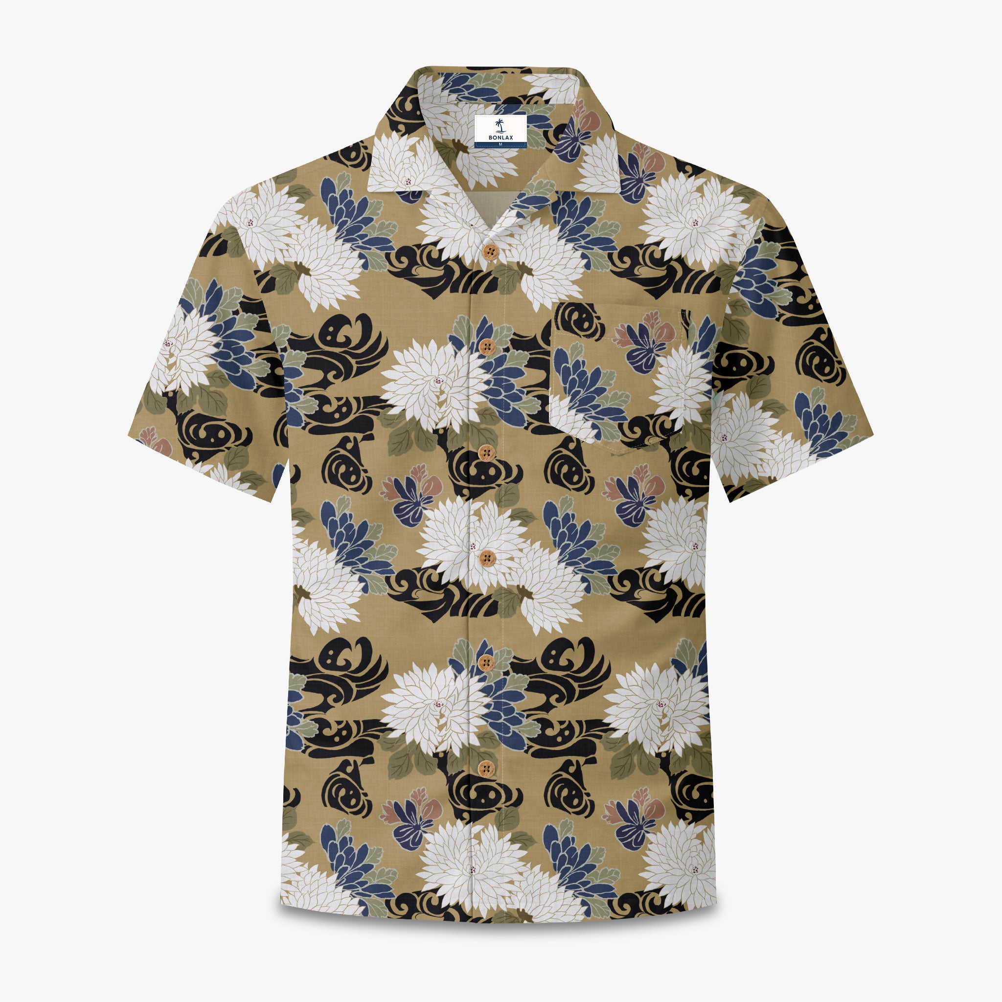 Navy Brocade Chrysanthemum Camp Shirt
