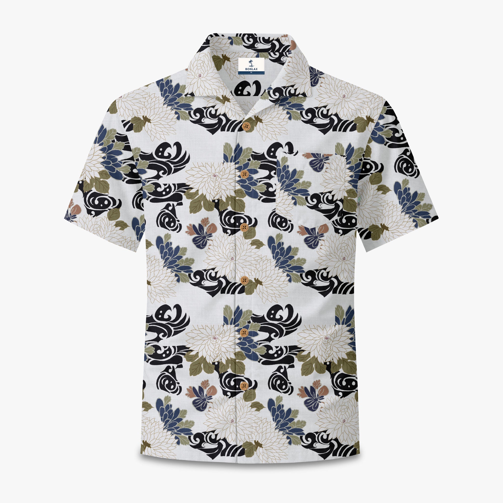 Navy Brocade Chrysanthemum Camp Shirt