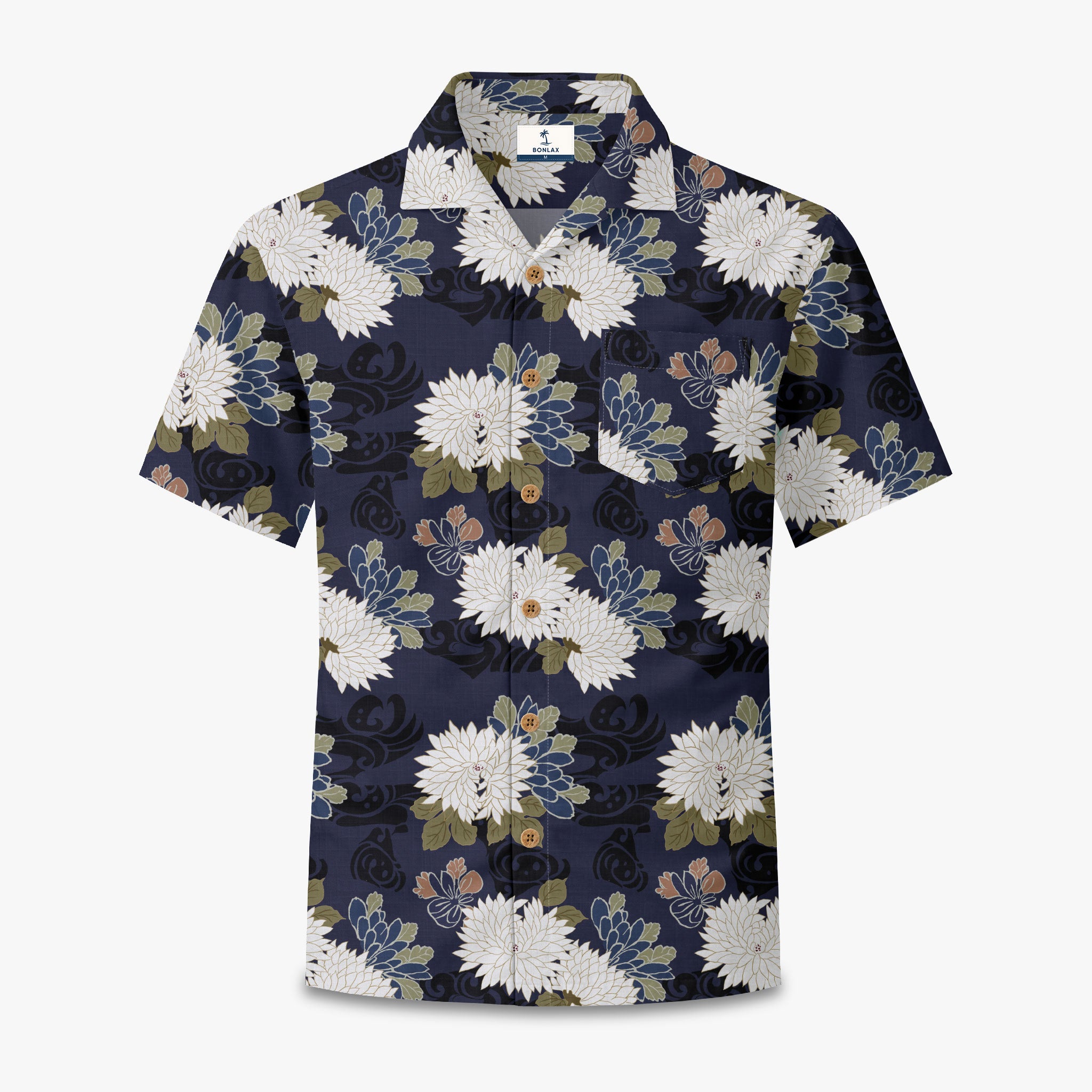 Navy Brocade Chrysanthemum Camp Shirt