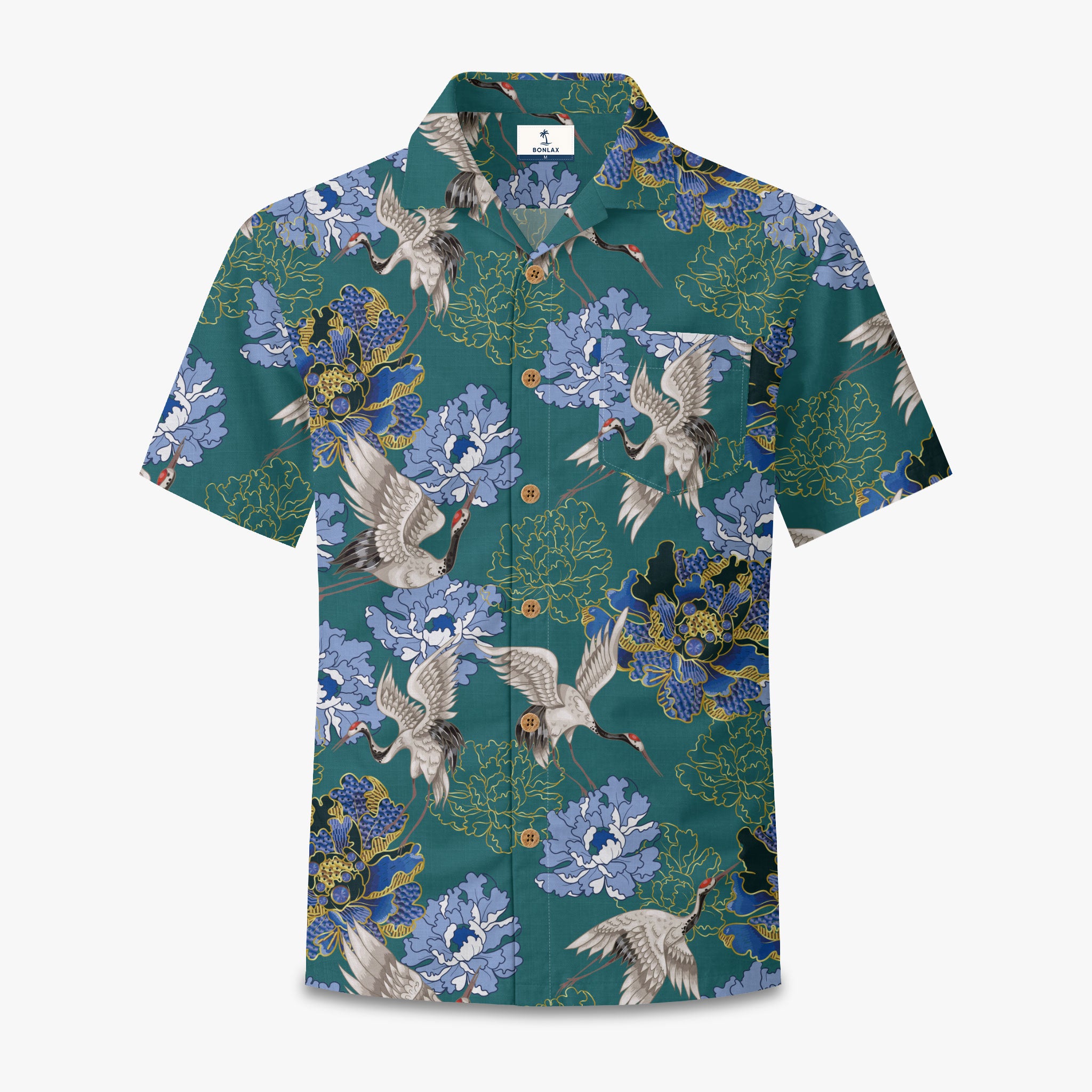Crane Perched on Blue Peonies Camp Shirt