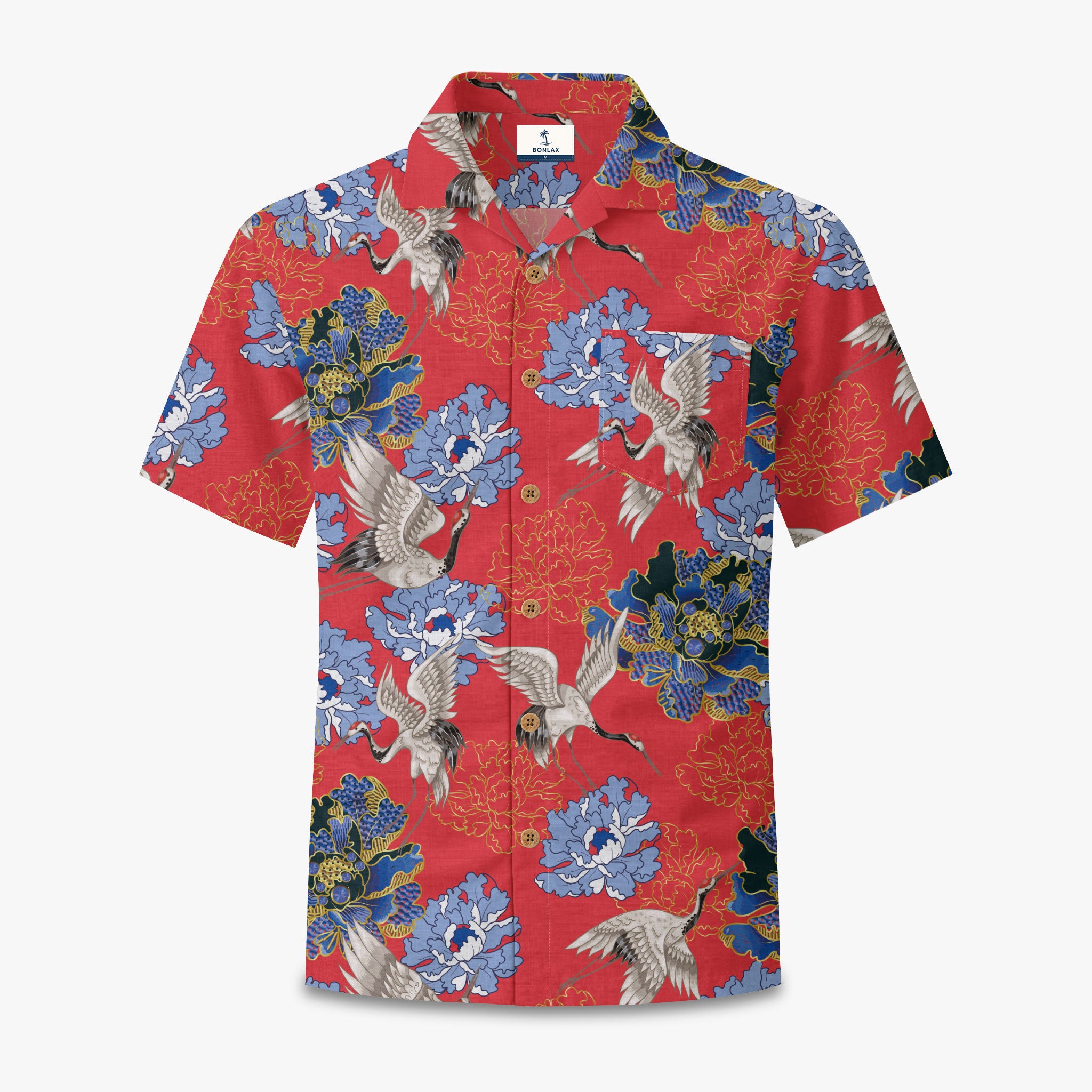 Crane Perched on Blue Peonies Camp Shirt