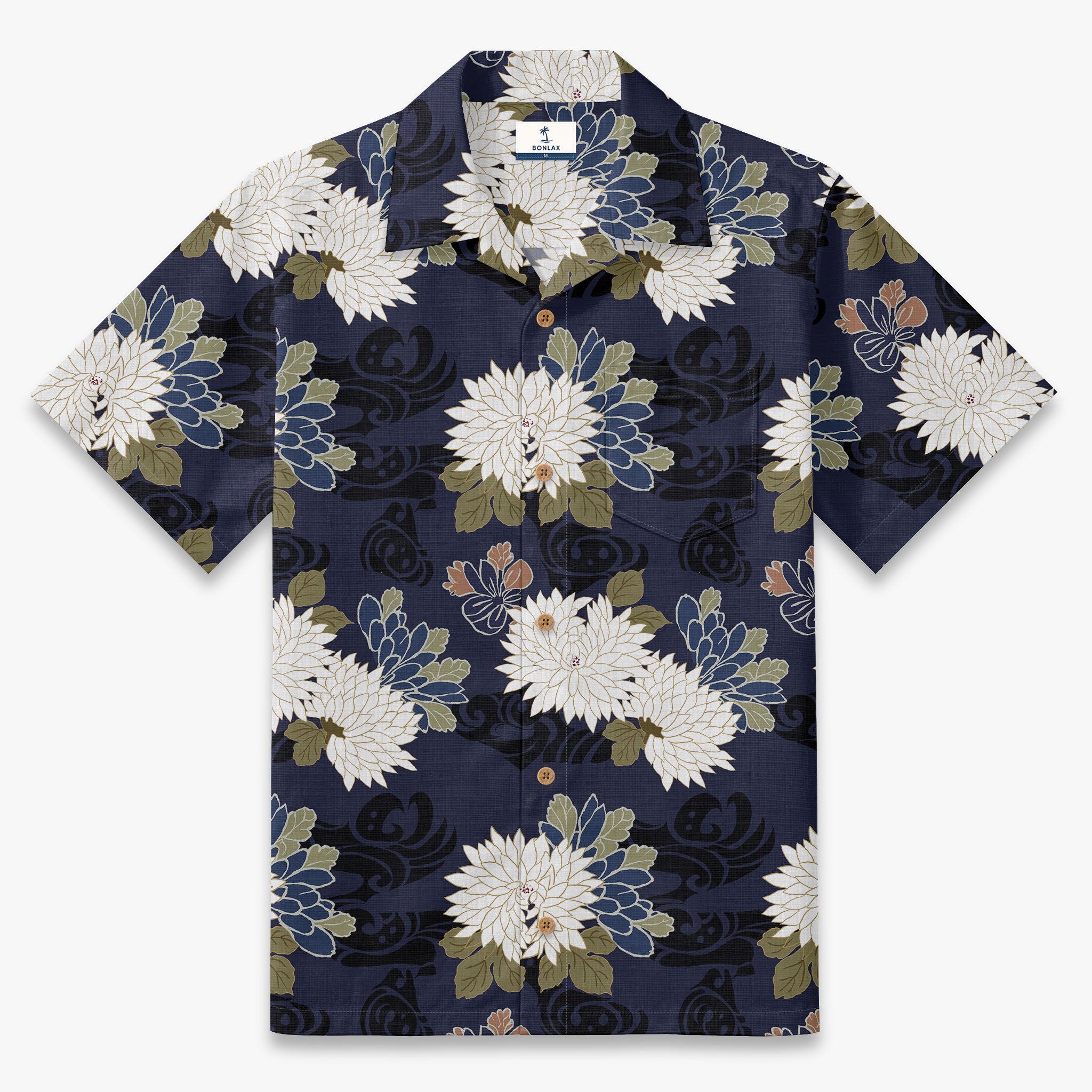 Navy Brocade Chrysanthemum Camp Shirt