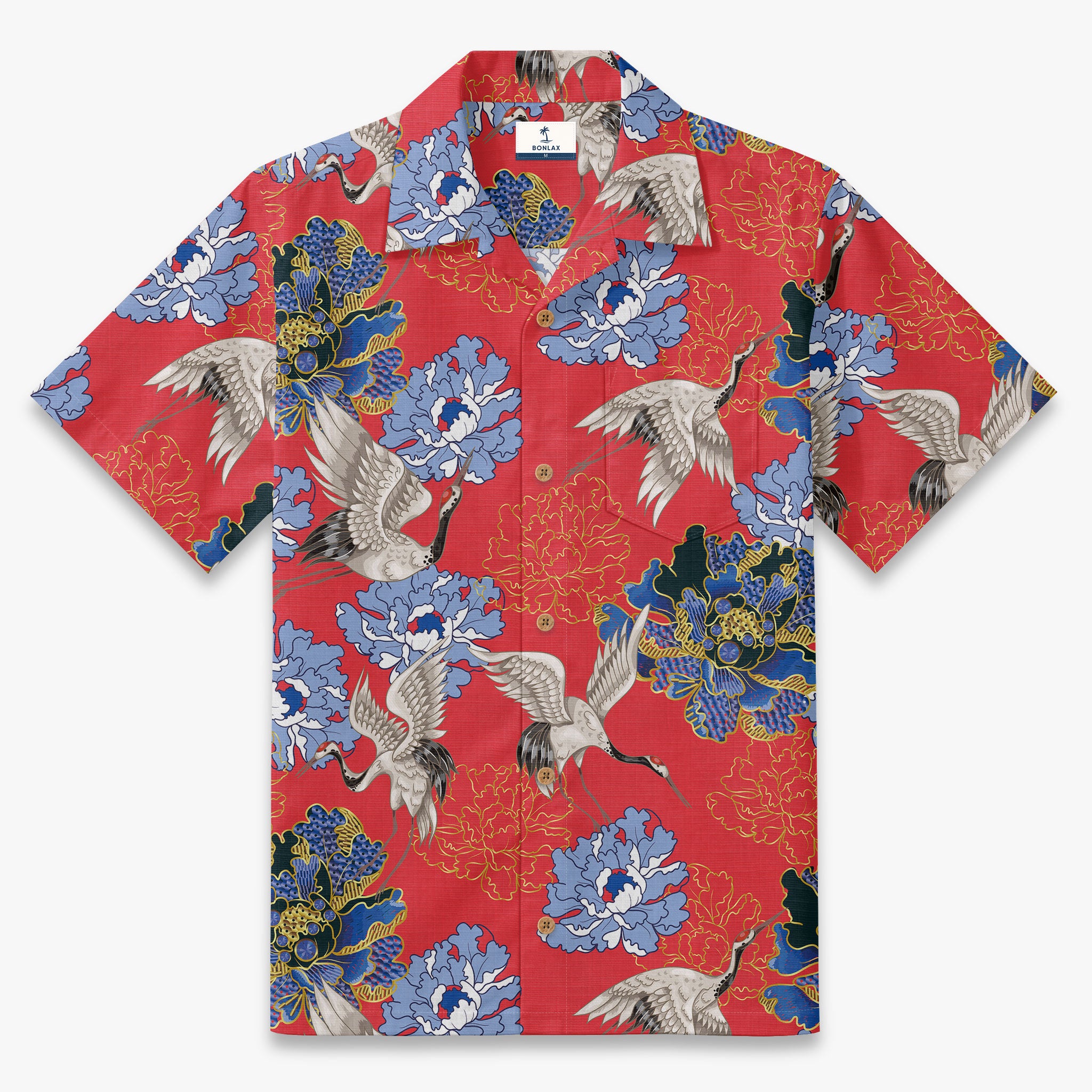 Crane Perched on Blue Peonies Camp Shirt