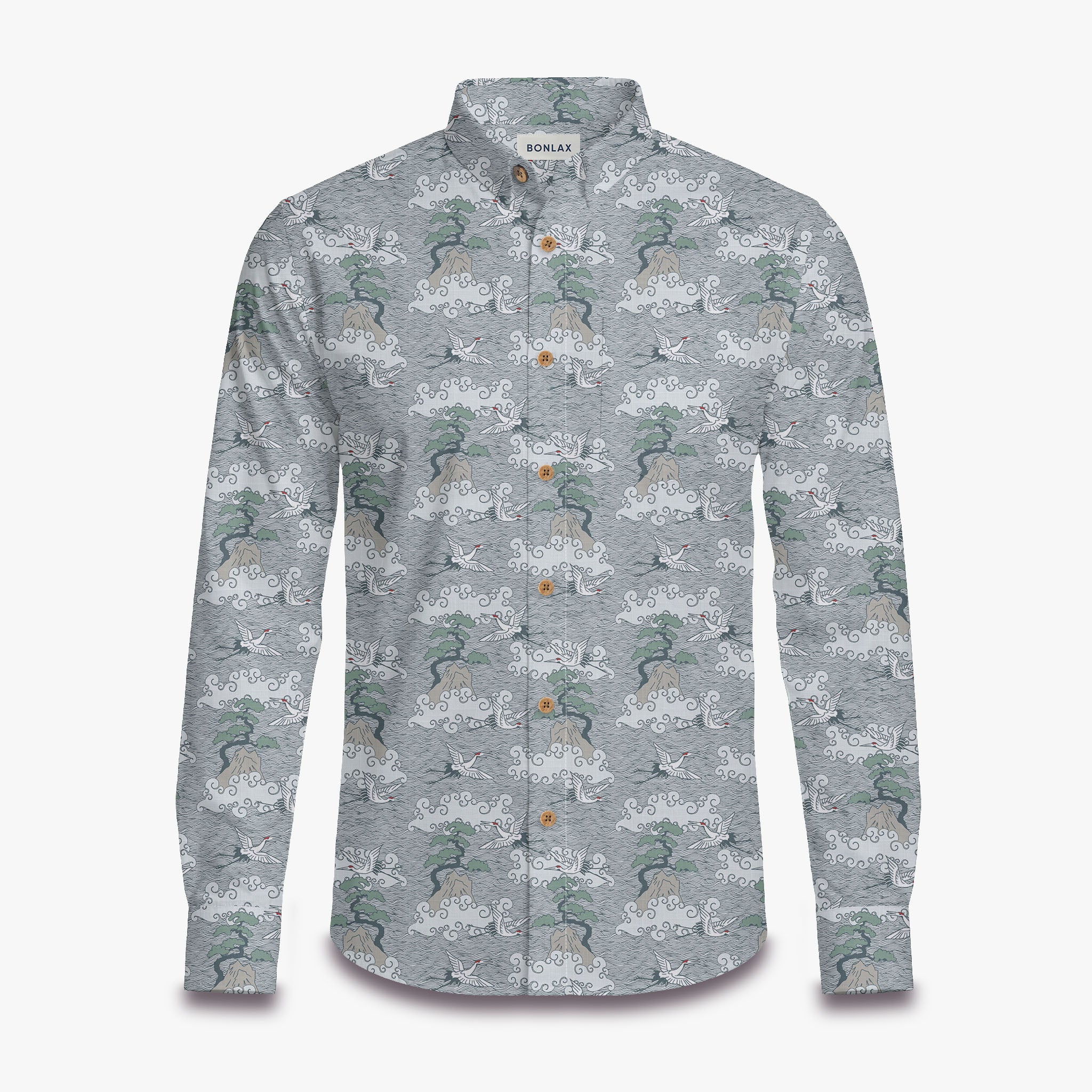 Crane & Waves Print Long Sleeve Shirt