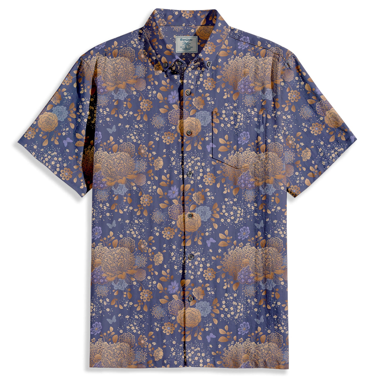 Golden Flowers Print Short Sleeve Shirt - Bonlax