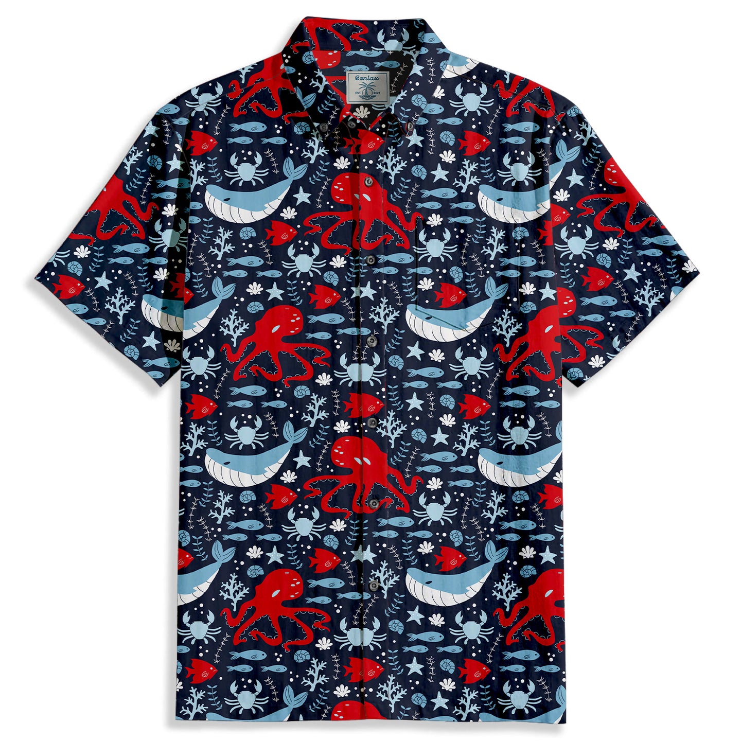 Whale Octopus Print Short Sleeve Shirt - Bonlax