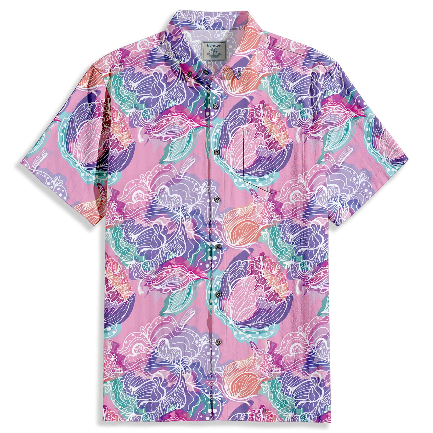 Colorful Buds Print Short Sleeve Shirt - Bonlax