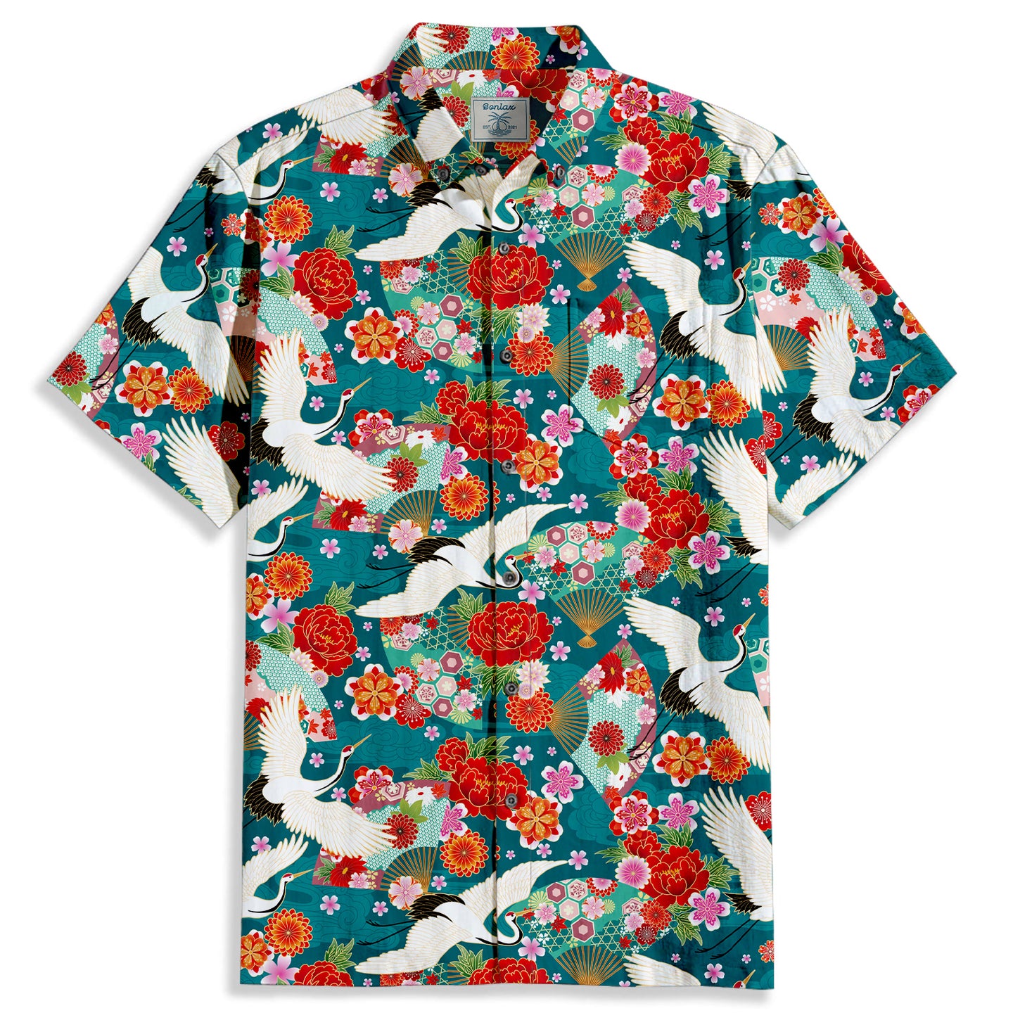 Crane Fan Print Short Sleeve Shirt - Bonlax