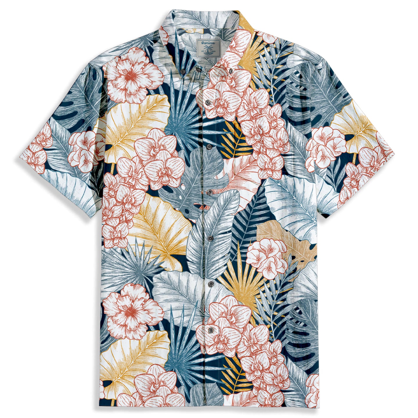 Tropical Palm Leaves Print Short Sleeve Shirt - Bonlax