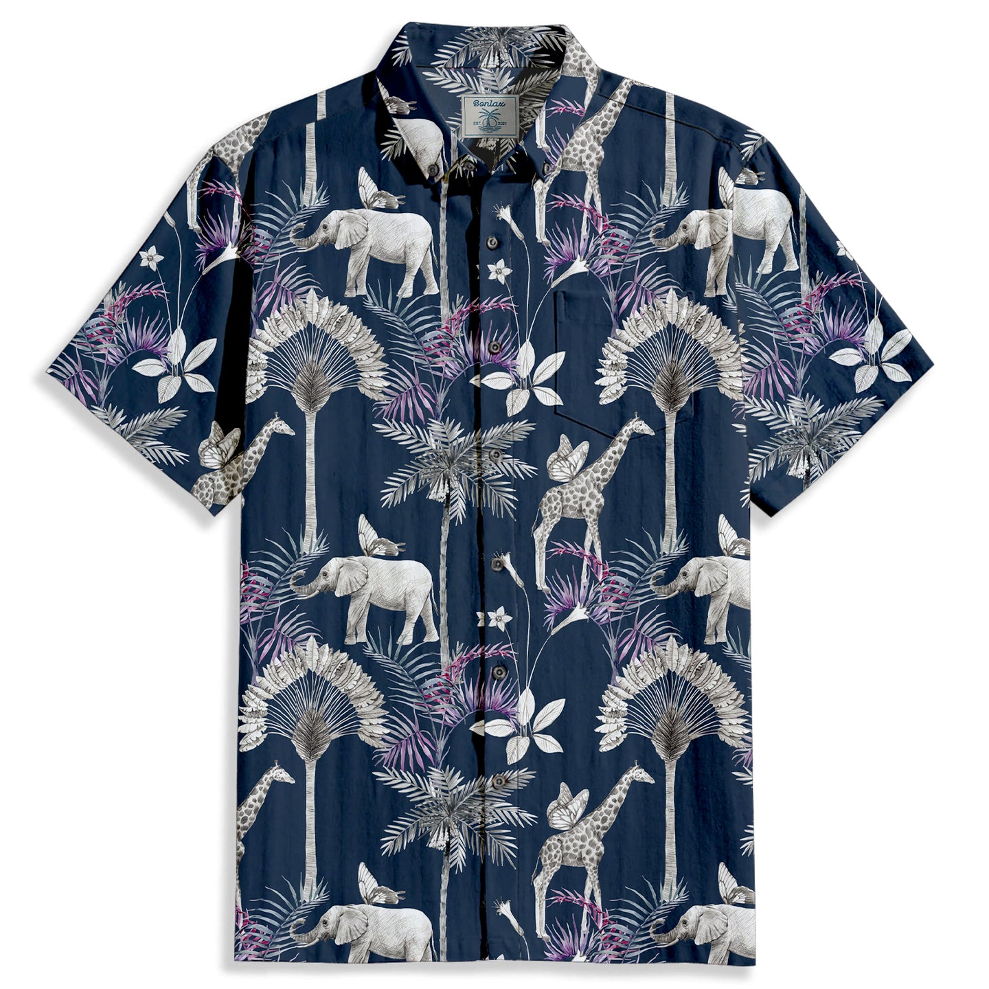 Elephant & Tree Print Short Sleeve Shirt - Bonlax