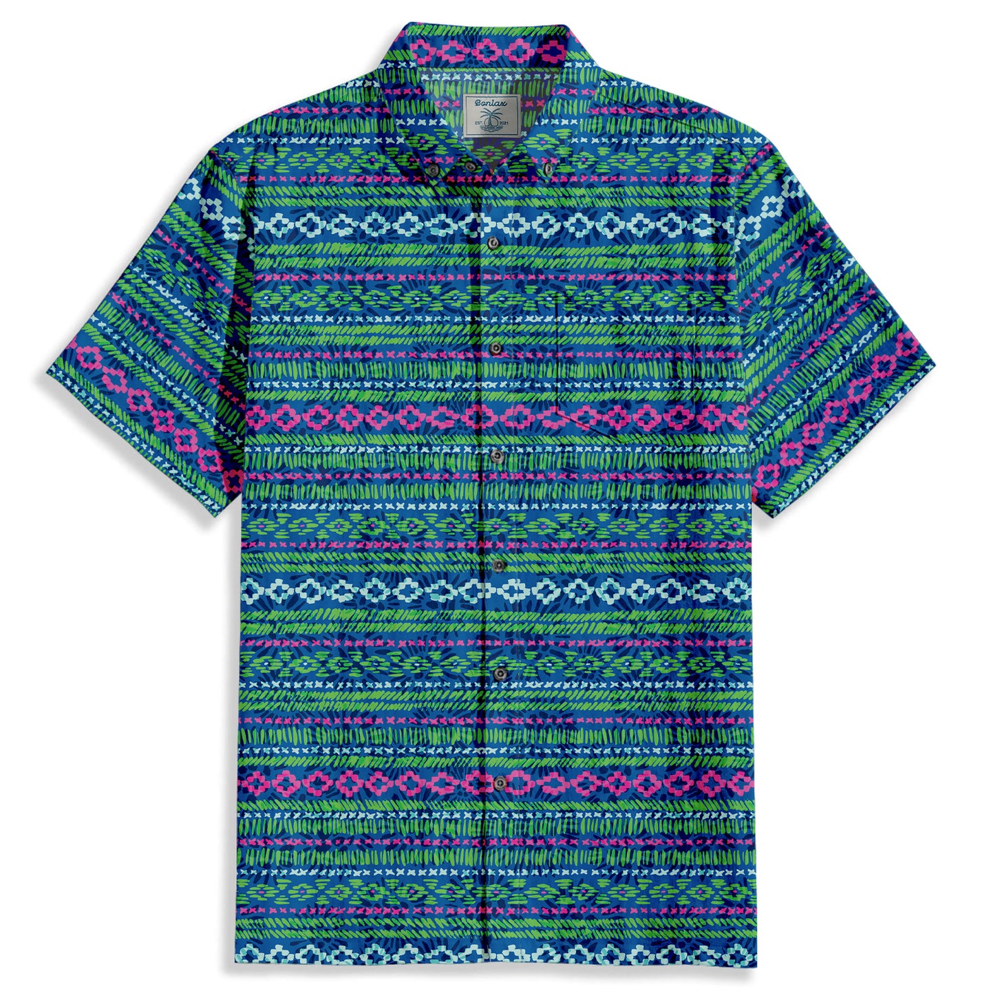 Striped Tribal Pattern Short Sleeve Shirt - Bonlax