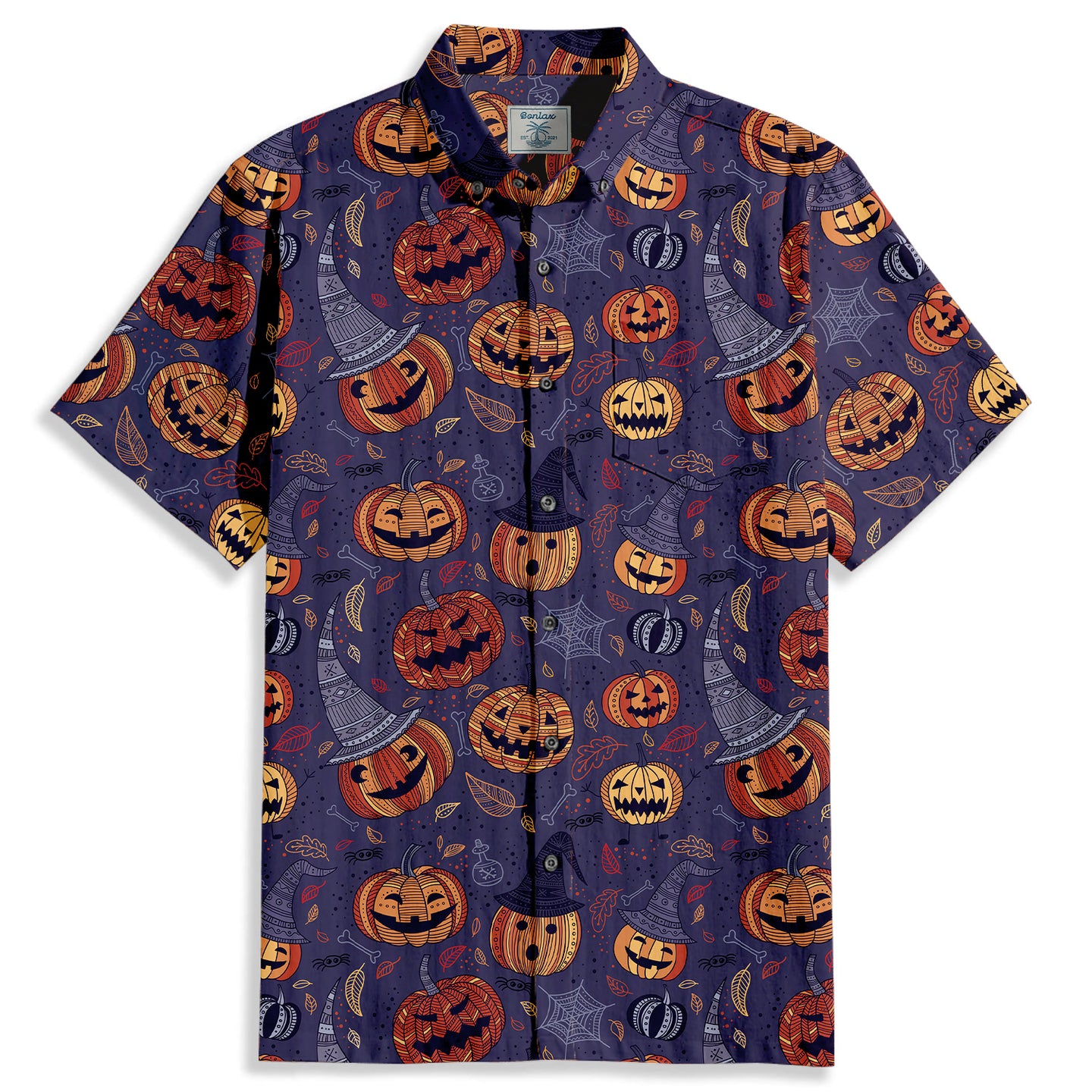 Halloween Pumpkin Skull Pattern Short Sleeve Shirt - Bonlax