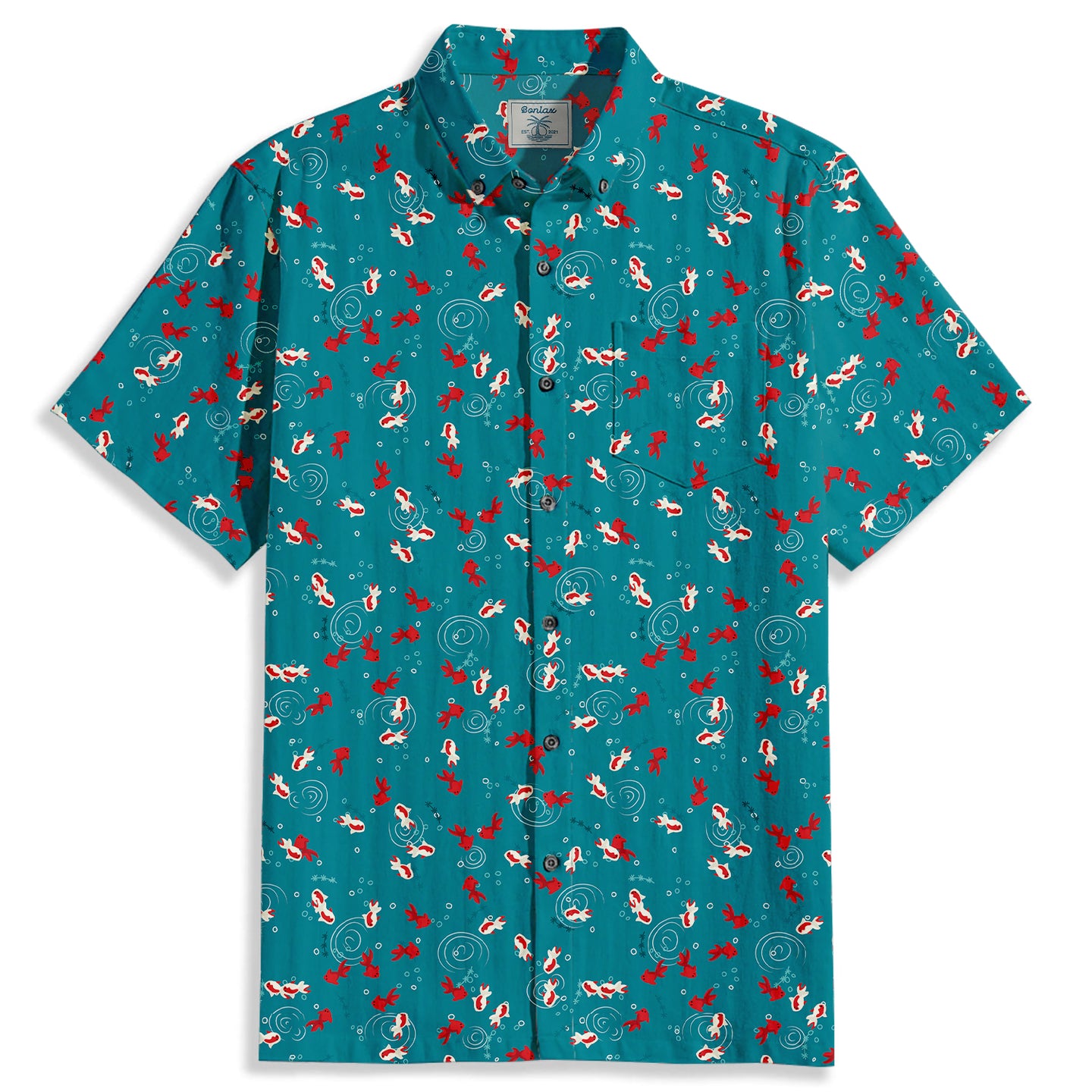 White & Red Koi Print Short Sleeve Shirt - Bonlax