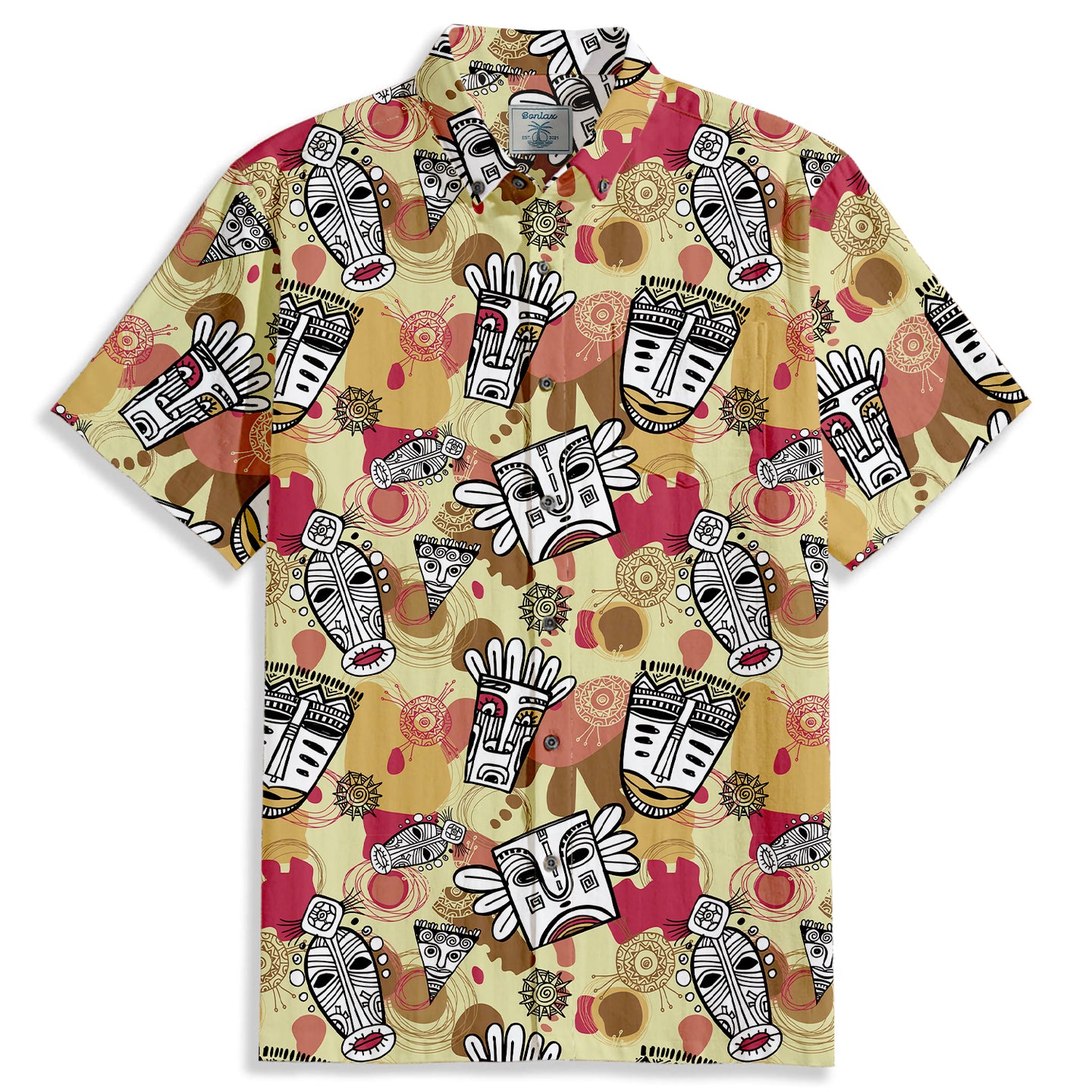 Primitive Tribal Mask Print Short Sleeve Shirt - Bonlax