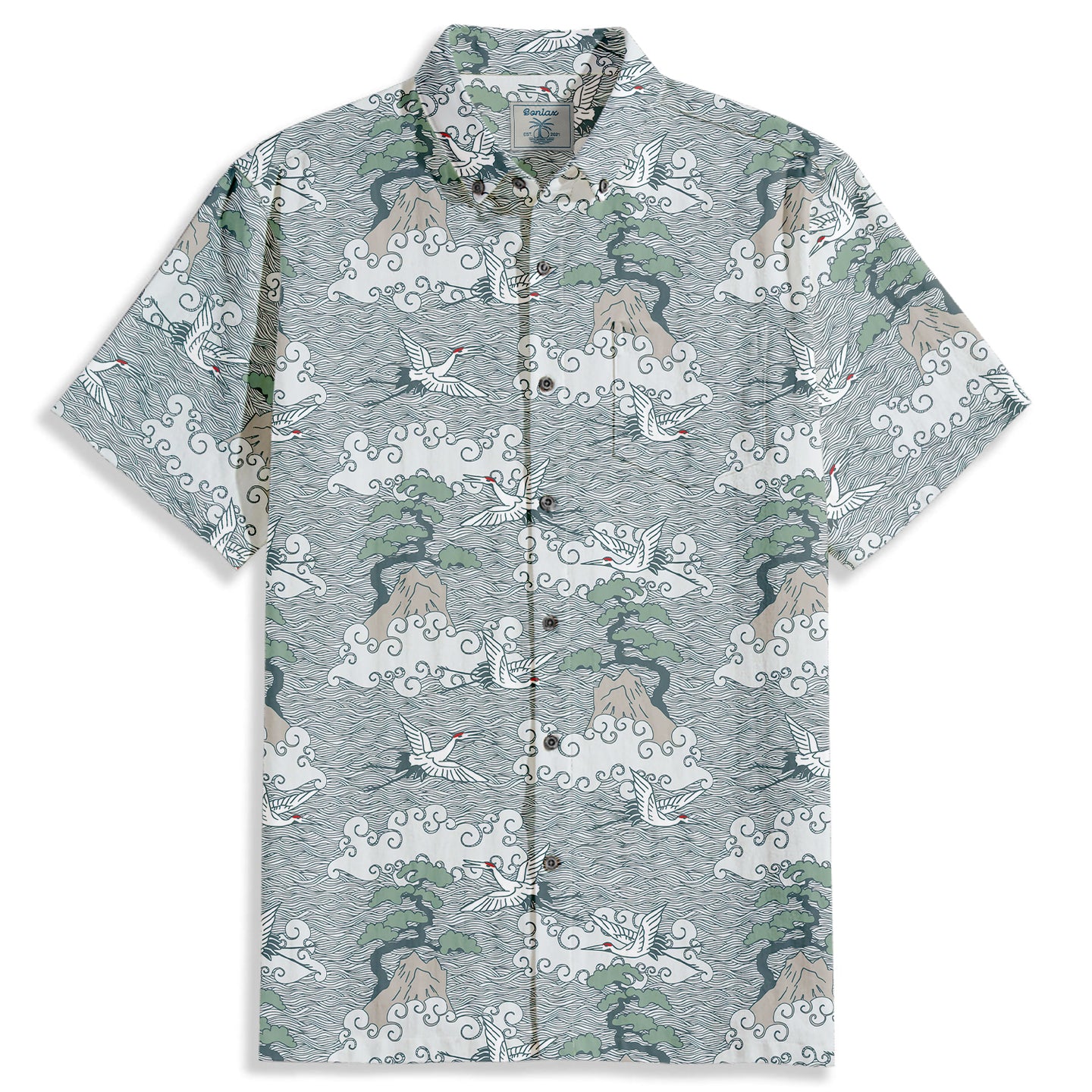 Crane & Waves Print Short Sleeve Shirt - Bonlax