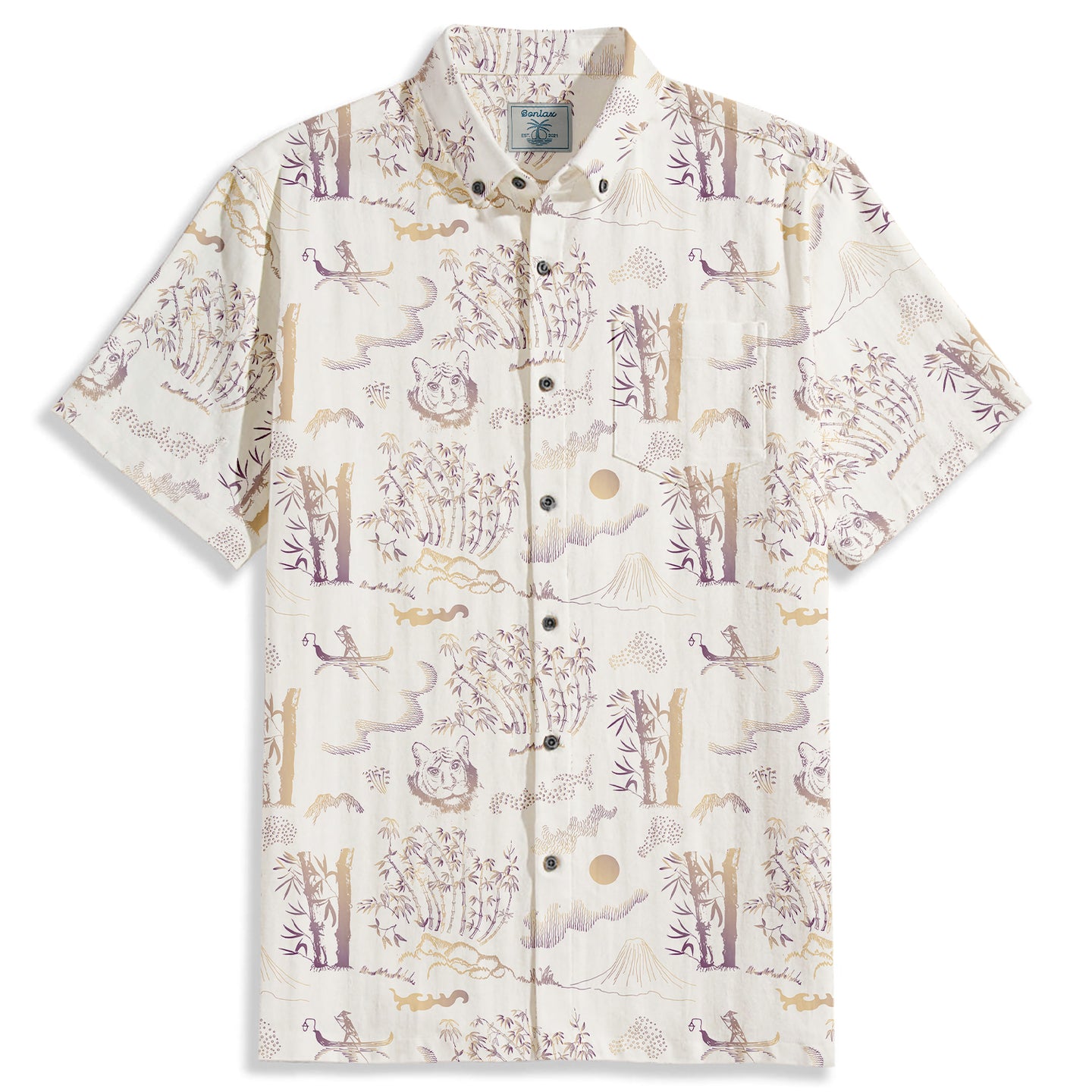 Lion Bamboo Forest Sailing Boat Print Short Sleeve Shirt - Bonlax