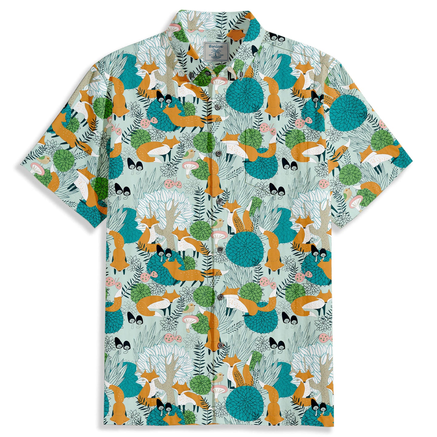 Green Forest Fox Print Short Sleeve Shirt - Bonlax