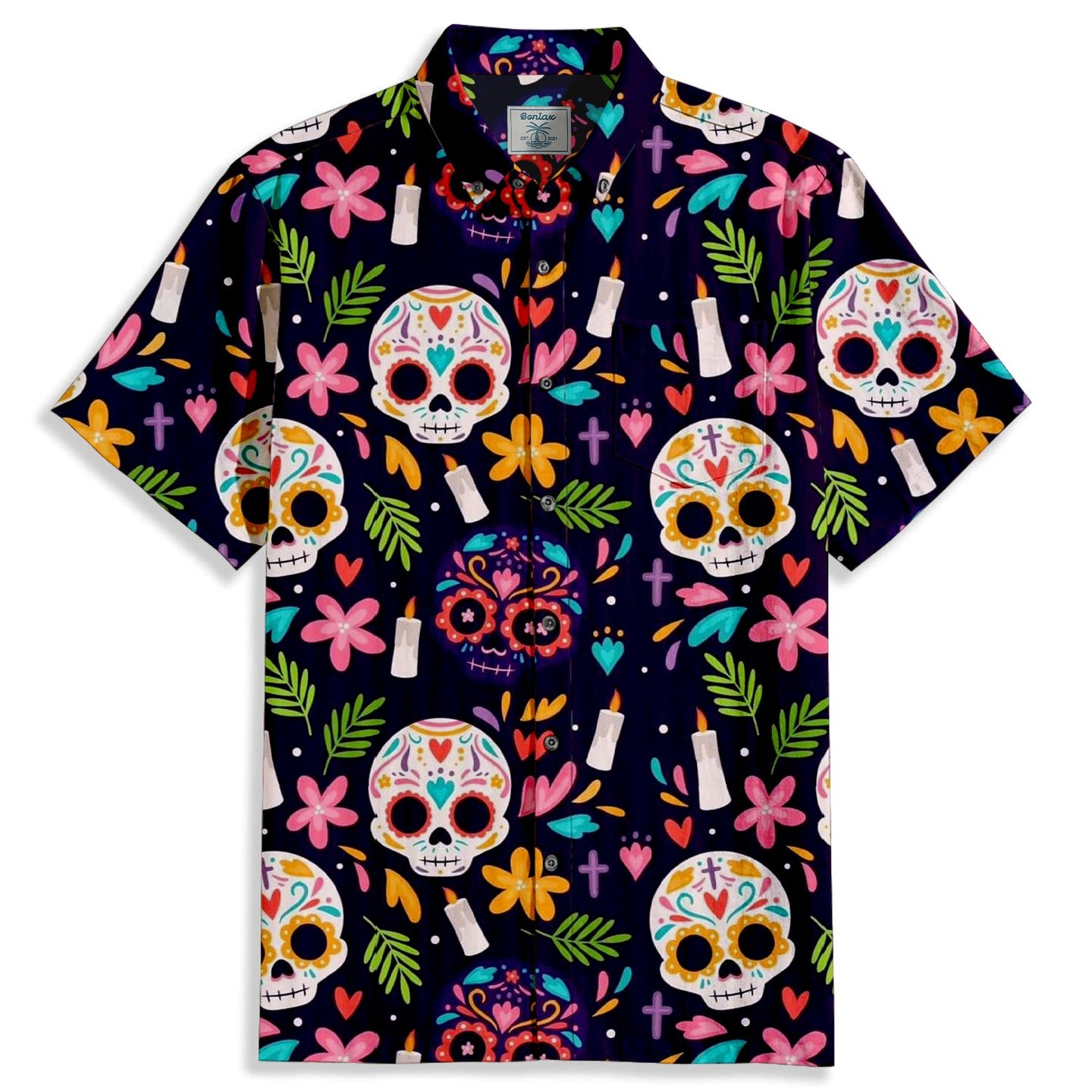 Flower Skull Pattern Short Sleeve Shirt - Bonlax