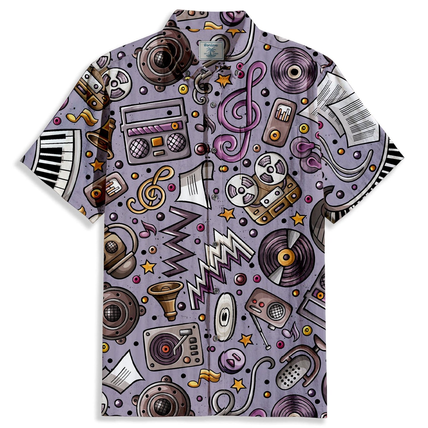 Cartoon Musical Instruments Print Short Sleeve Shirt - Bonlax