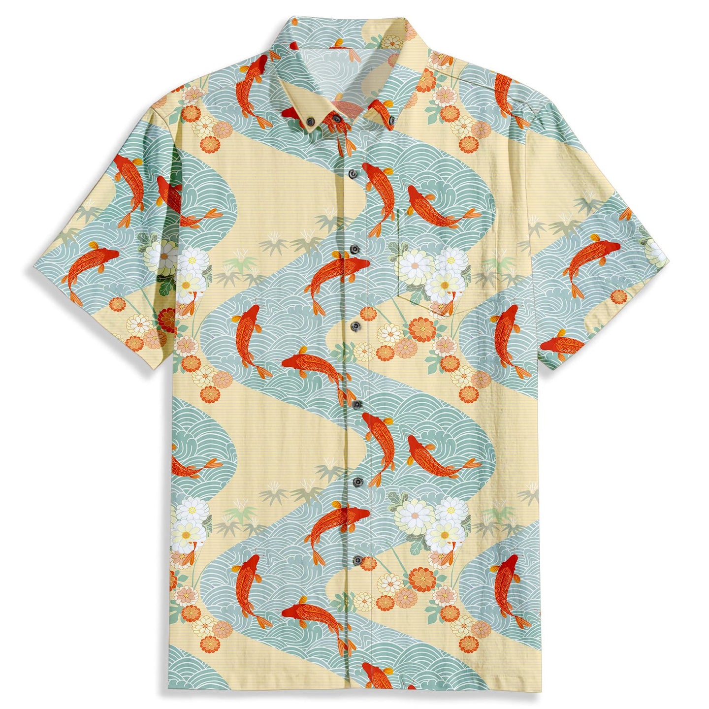 Striped Koi Print Short Sleeve Shirt - Bonlax