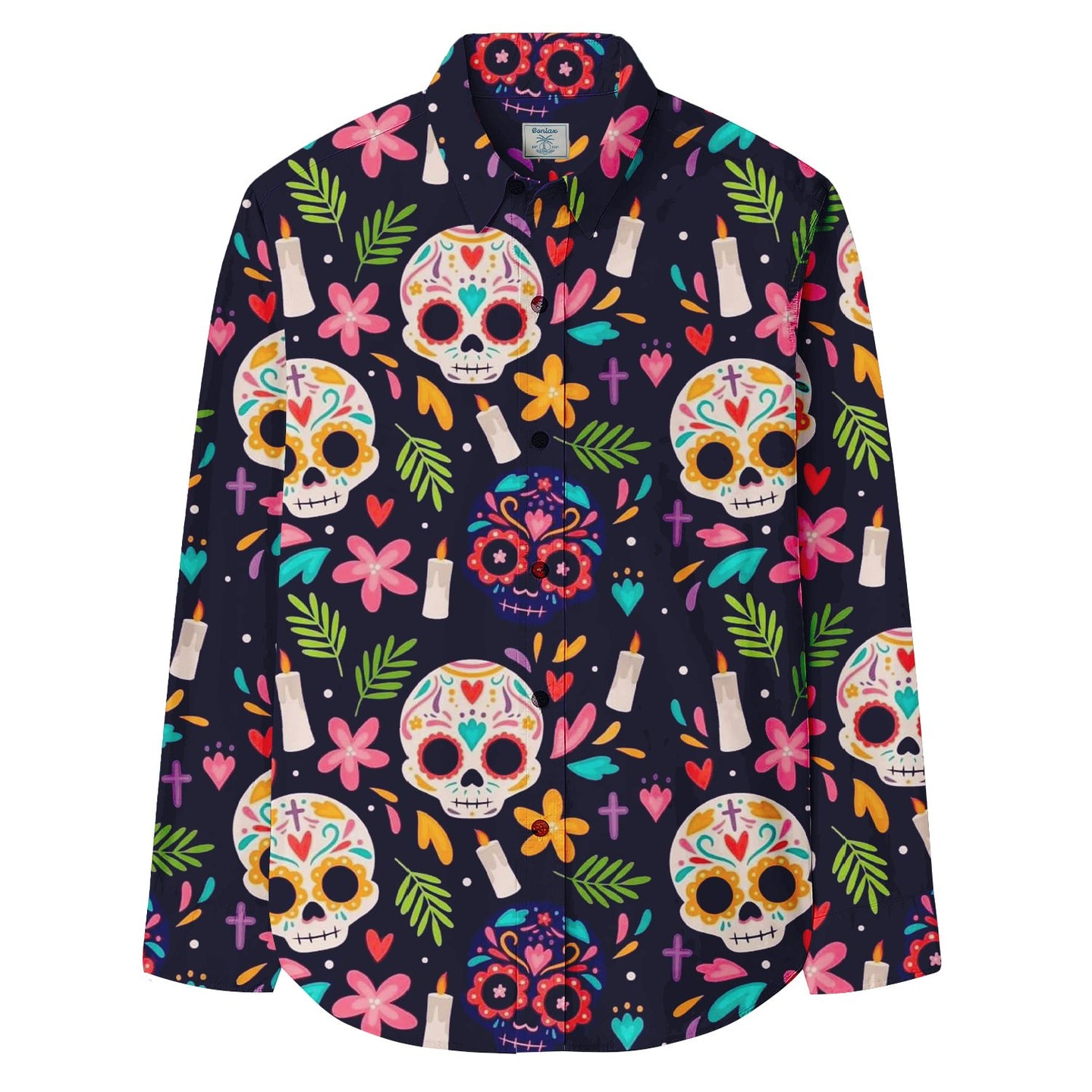 Flower Skull Pattern Long Sleeve Shirt - Bonlax