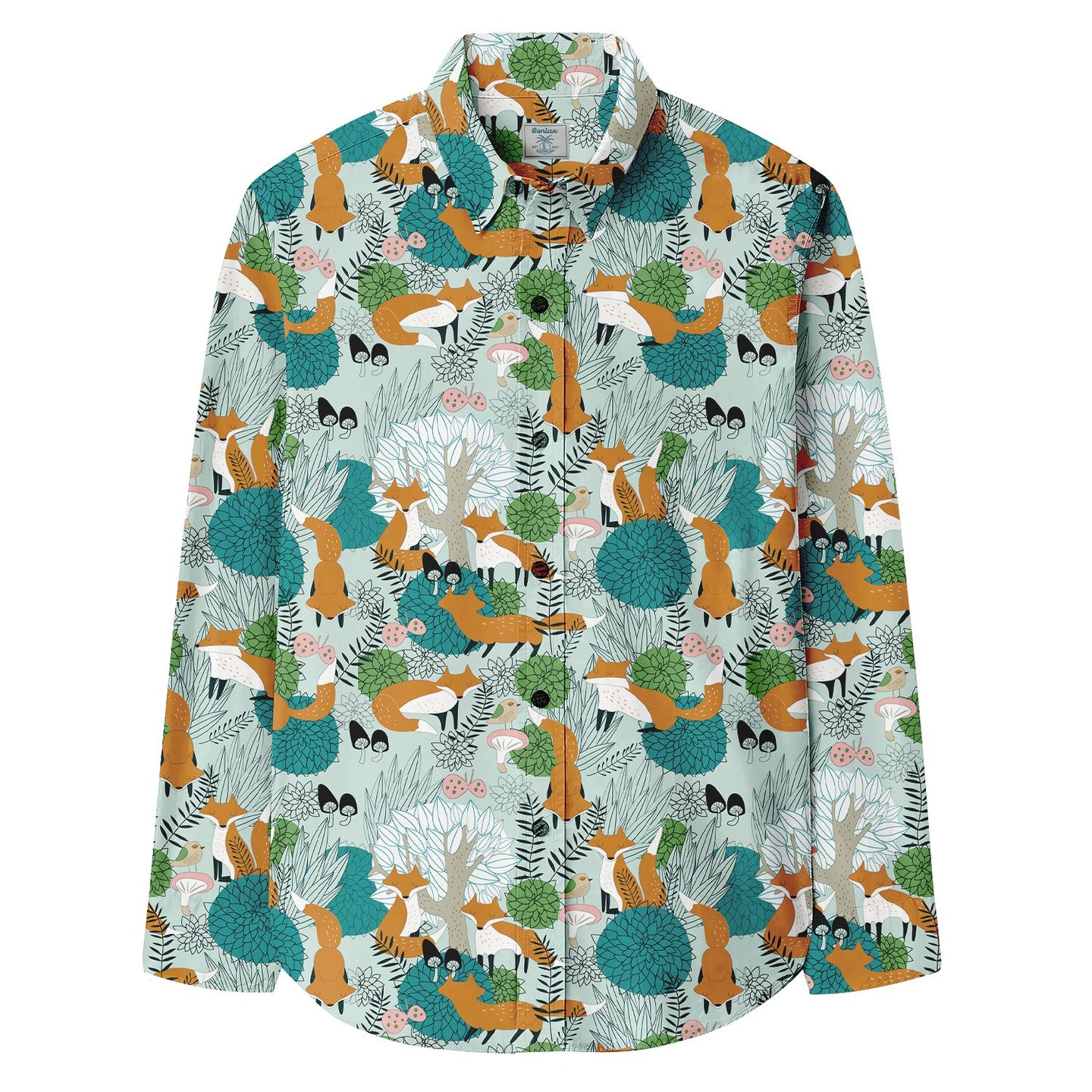 Green Forest Fox Print Long Sleeve Shirt - Bonlax