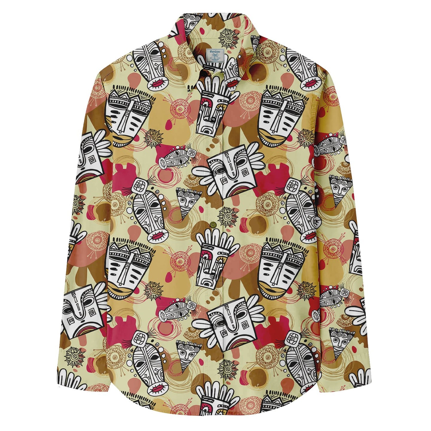 Primitive Tribal Mask Print Long Sleeve Shirt - Bonlax