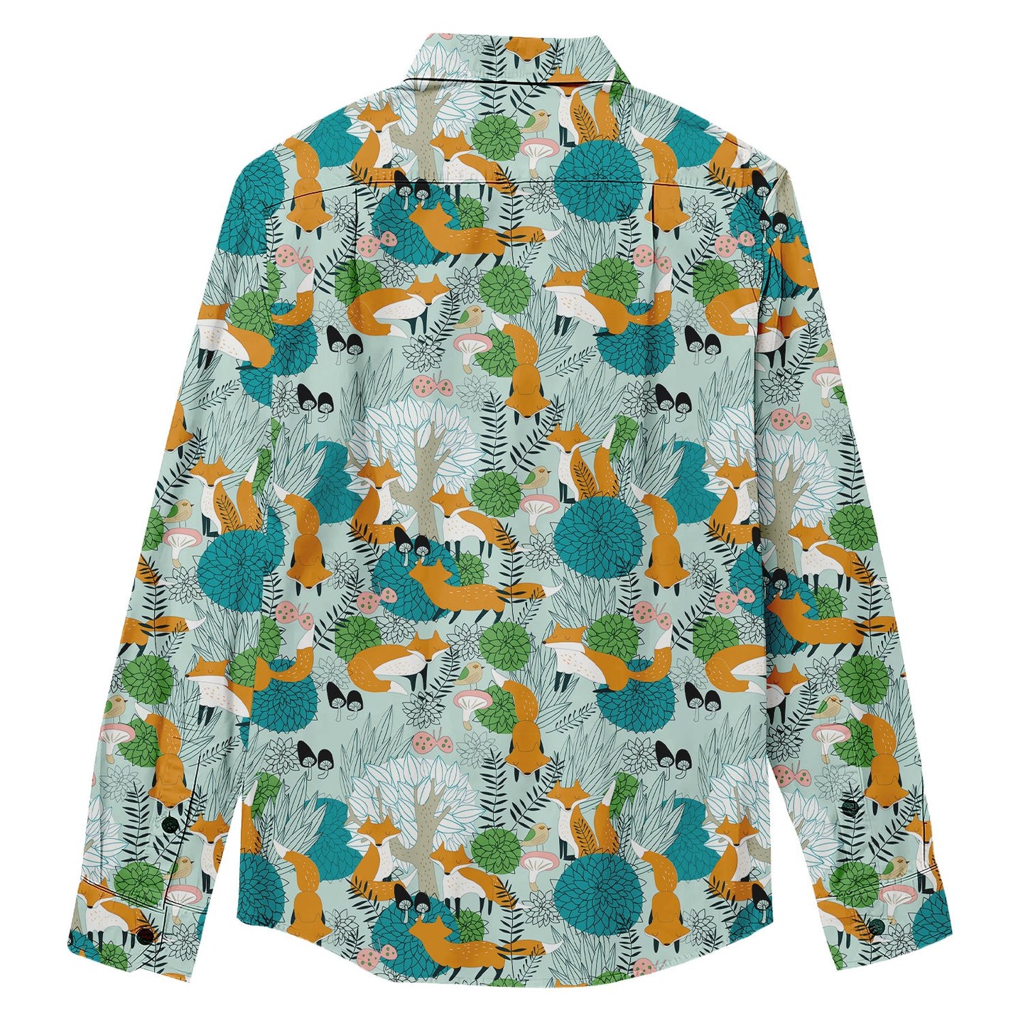 Green Forest Fox Print Long Sleeve Shirt - Bonlax