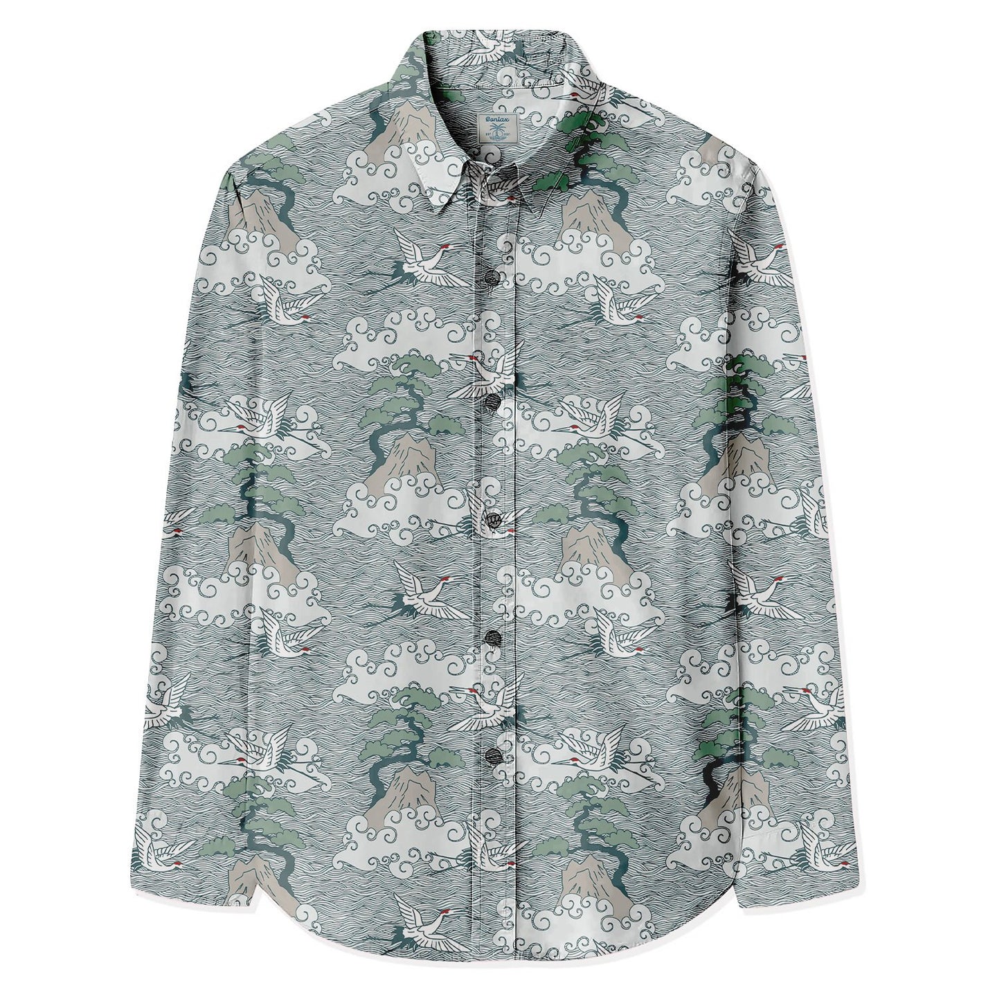 Crane & Waves Print Long Sleeve Shirt - Bonlax