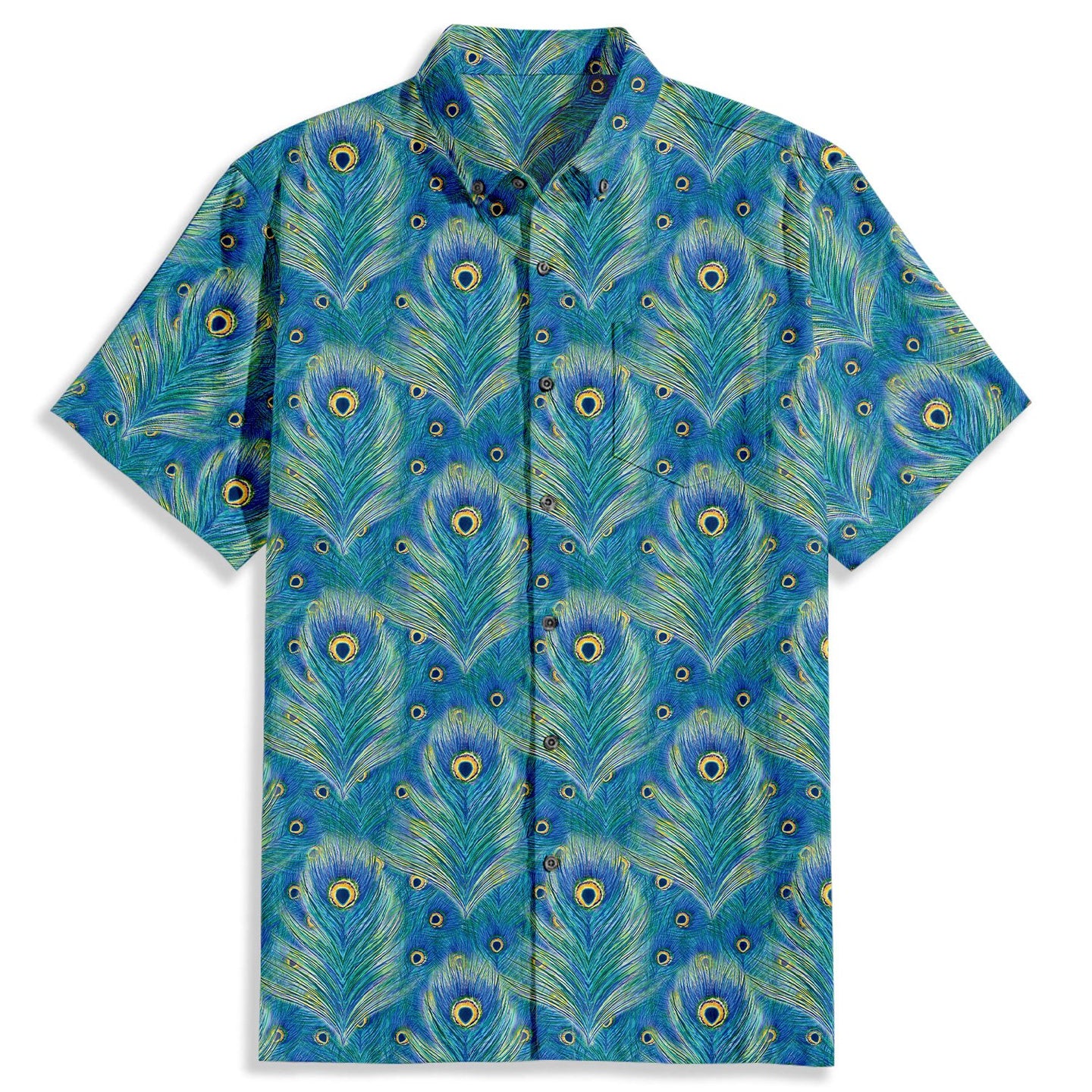 Hand Drawn Wind Peacock Feathers Print Short Sleeve Shirt - Bonlax